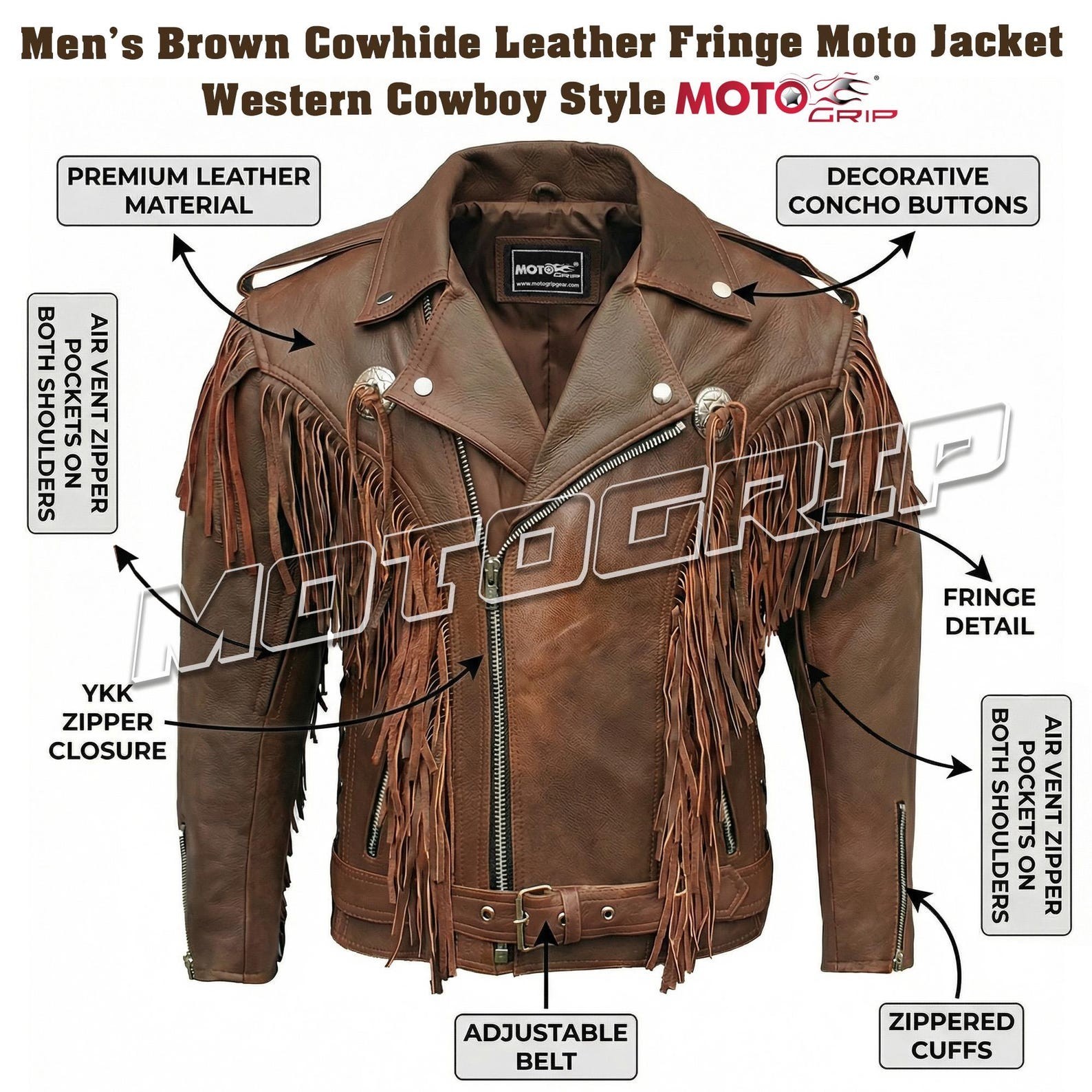 Men’s Brown Leather Fringe Jacket – Western Cowboy Biker Style – Vintage Tassel