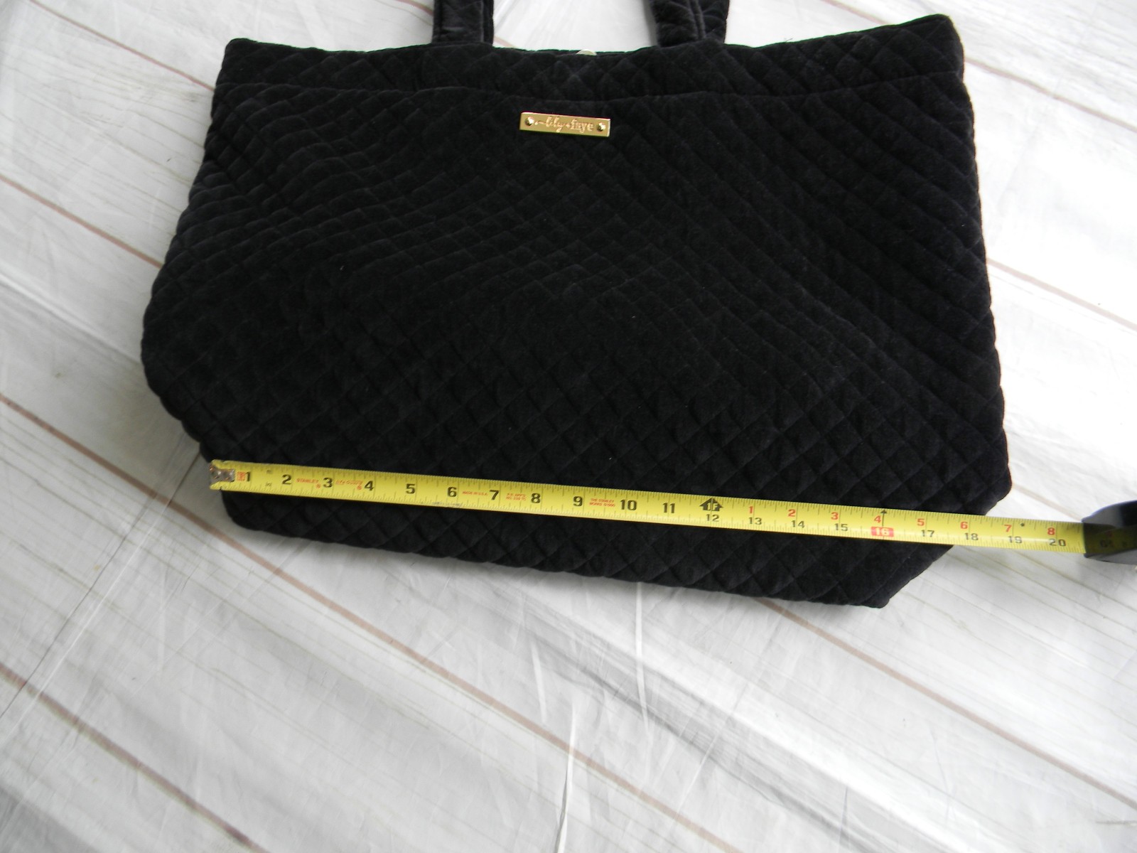 LILY & FAYE BLACK VELVET QUILTED LARGE TRAVEL WORK TOTE