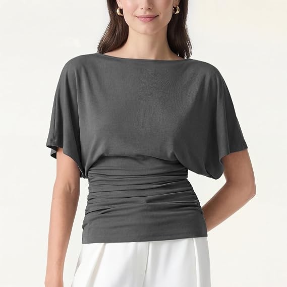 OGL x Sandwashed Effortless Boatneck Batwing Sleeve Side Ruched Top, Shadow