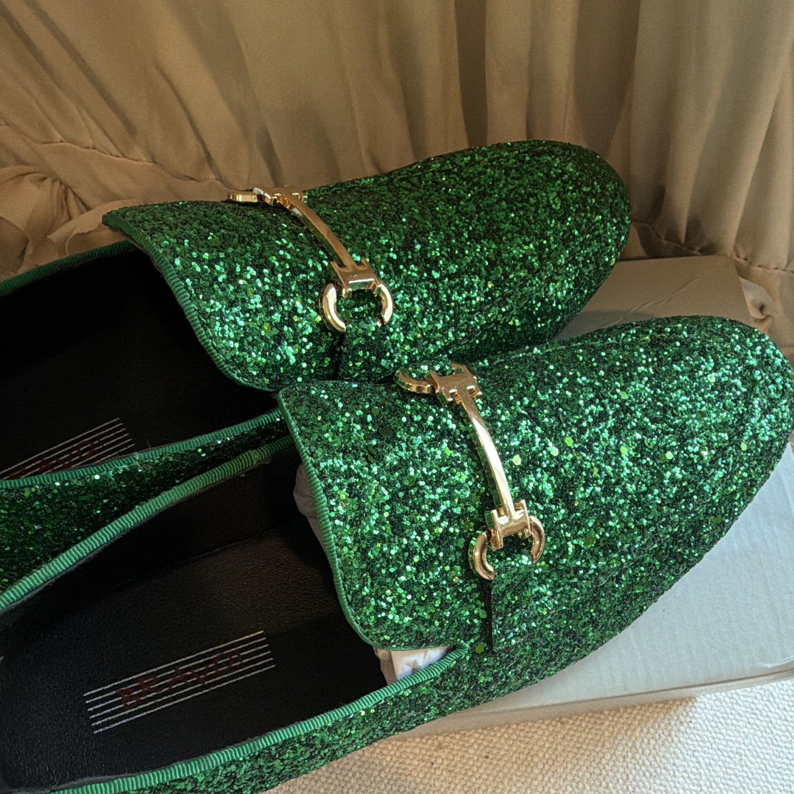 Bravo Men’s Green Glitter Slip-On Dress Loafers Horsebit Round Toe 8.5
