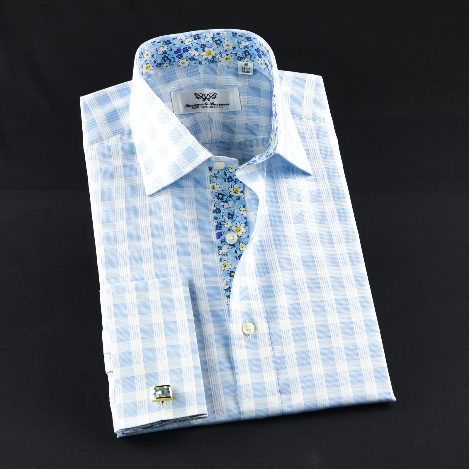 Blue Check Formal Business Dress Shirt Wih Blue Floral Inner Lining Double Cuff