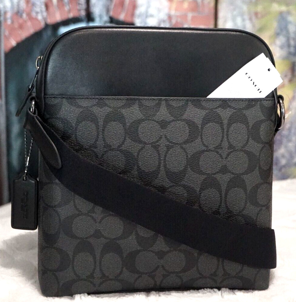 NWT Coach Men’s Houston Flight 4010 Messenger Bag CHARCOAL/BLACK Sig CC Leather