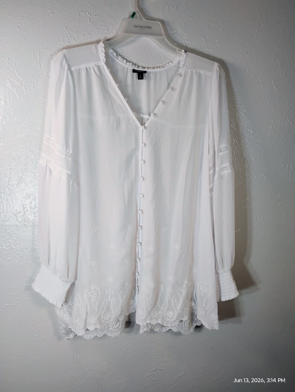 Torrid Size 4 White Sheer Boho Blouse with Eyelet bottom and Long Sleeves