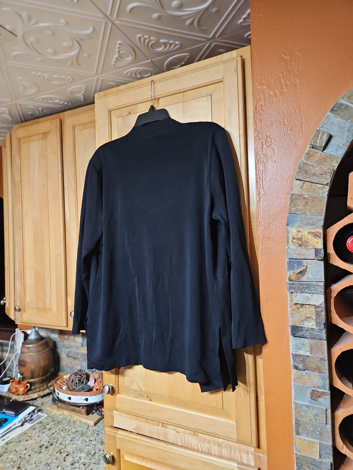 Ming Wang Black Pleated Ruffle Knit Long Sleeve Open Cardigan Sweater Size Large