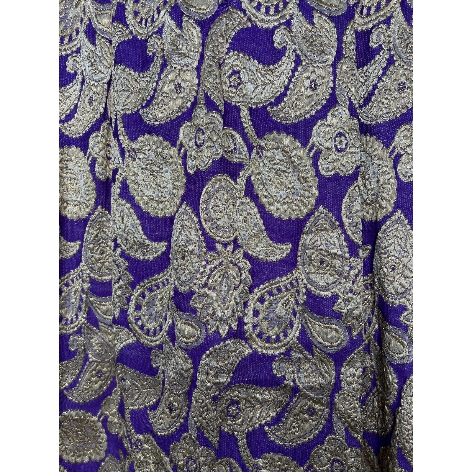 Vintage 70s Size Small Purple Gold Brocade MIni Dress Metallic Paisley MockNeck