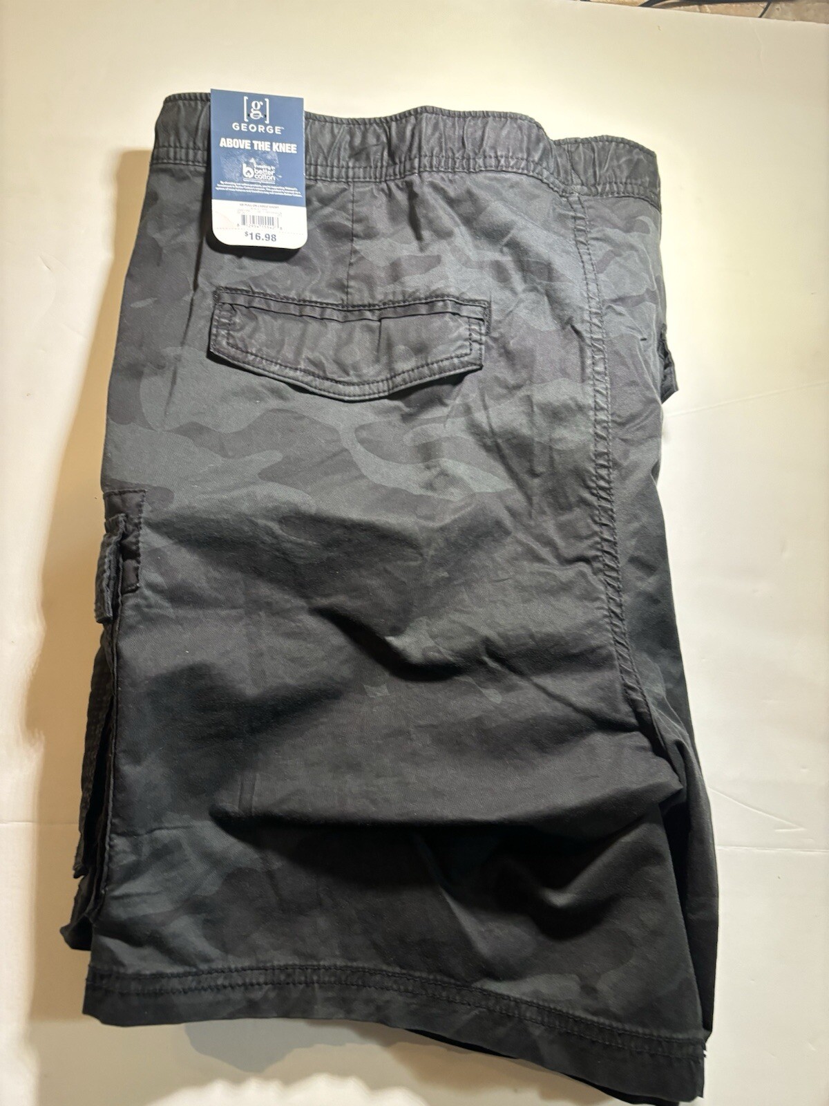 George Men’s 2XL 44-46 Stretch Waist Cargo Shorts Above the Knee 8″ BLACK CAMO