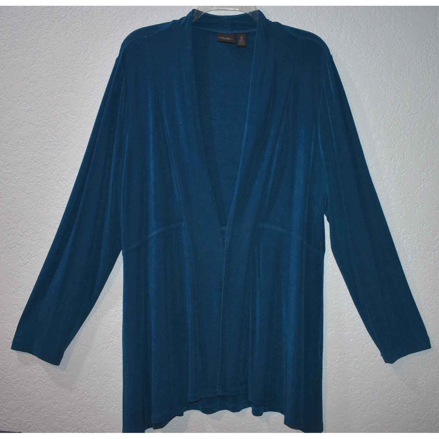 Chicos Travelers Teal Blue Open Front Slinky Knit Cardigan Jacket Size 3 XL