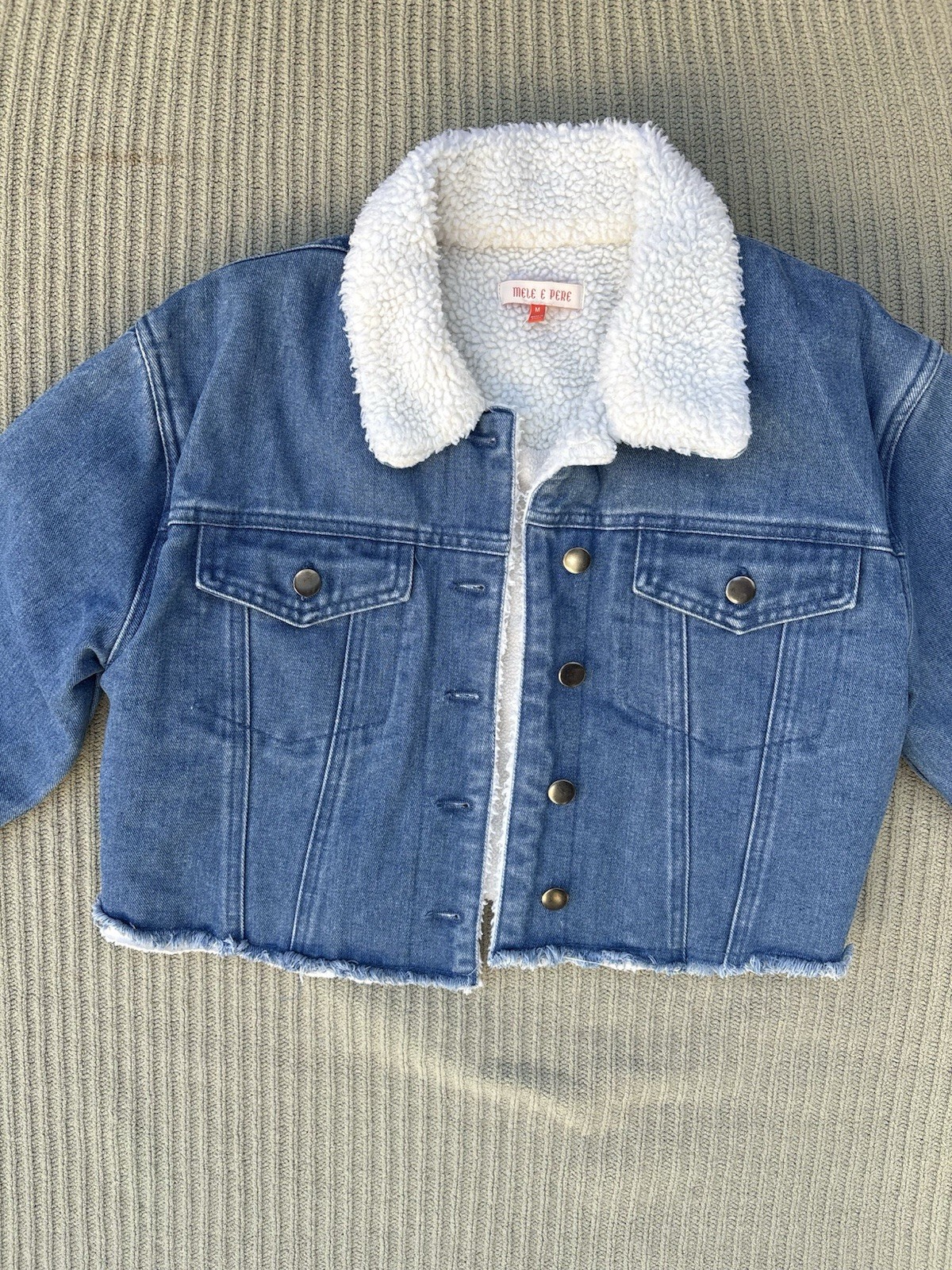 MELE E PERE Sherpa Collar Cropped Denim Jacket Blue Button Frayed Hem Pockets M
