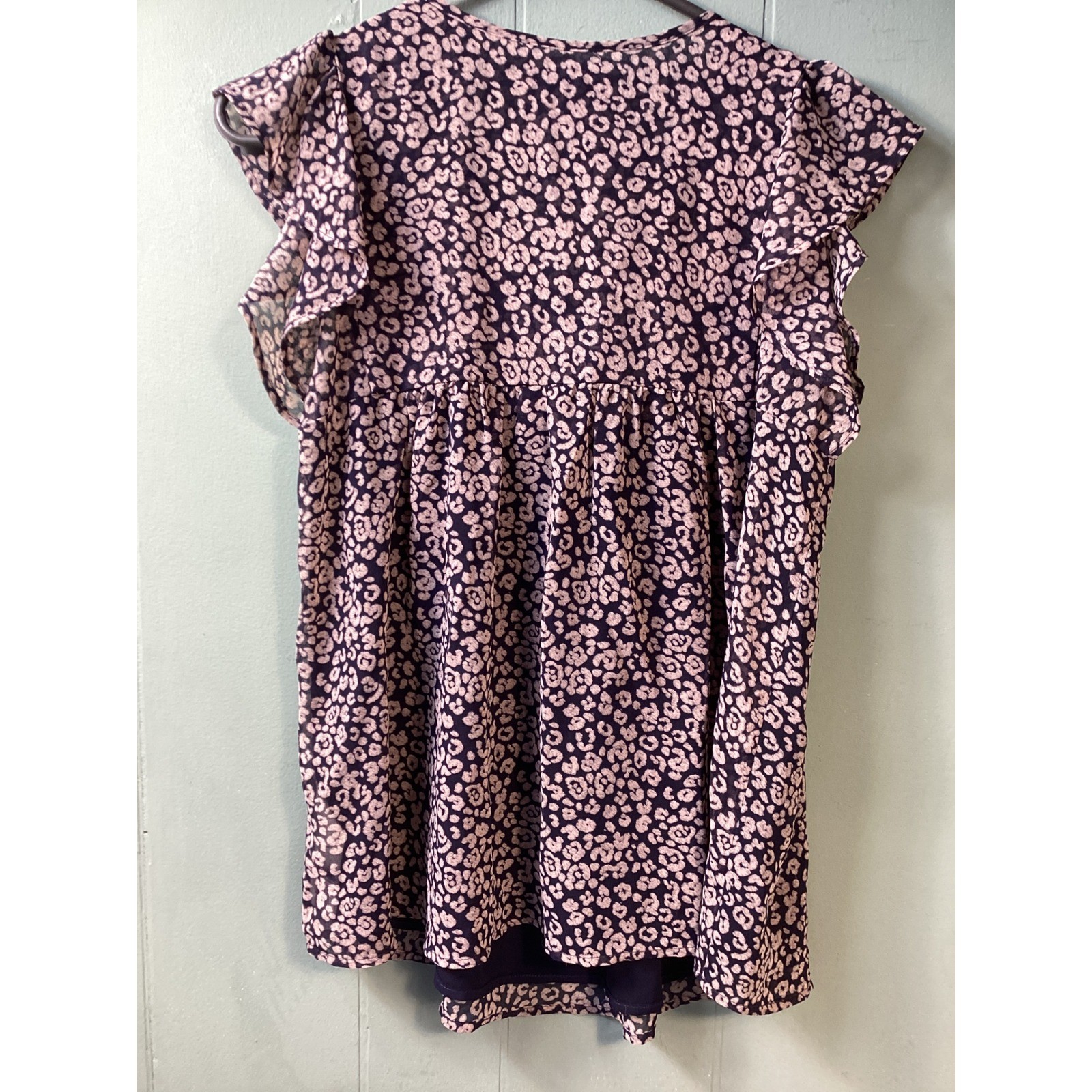 Black Tan Leopard Print Flutter Sleeve Tie Neck Boho Tunic Top Rebecca Minkoff