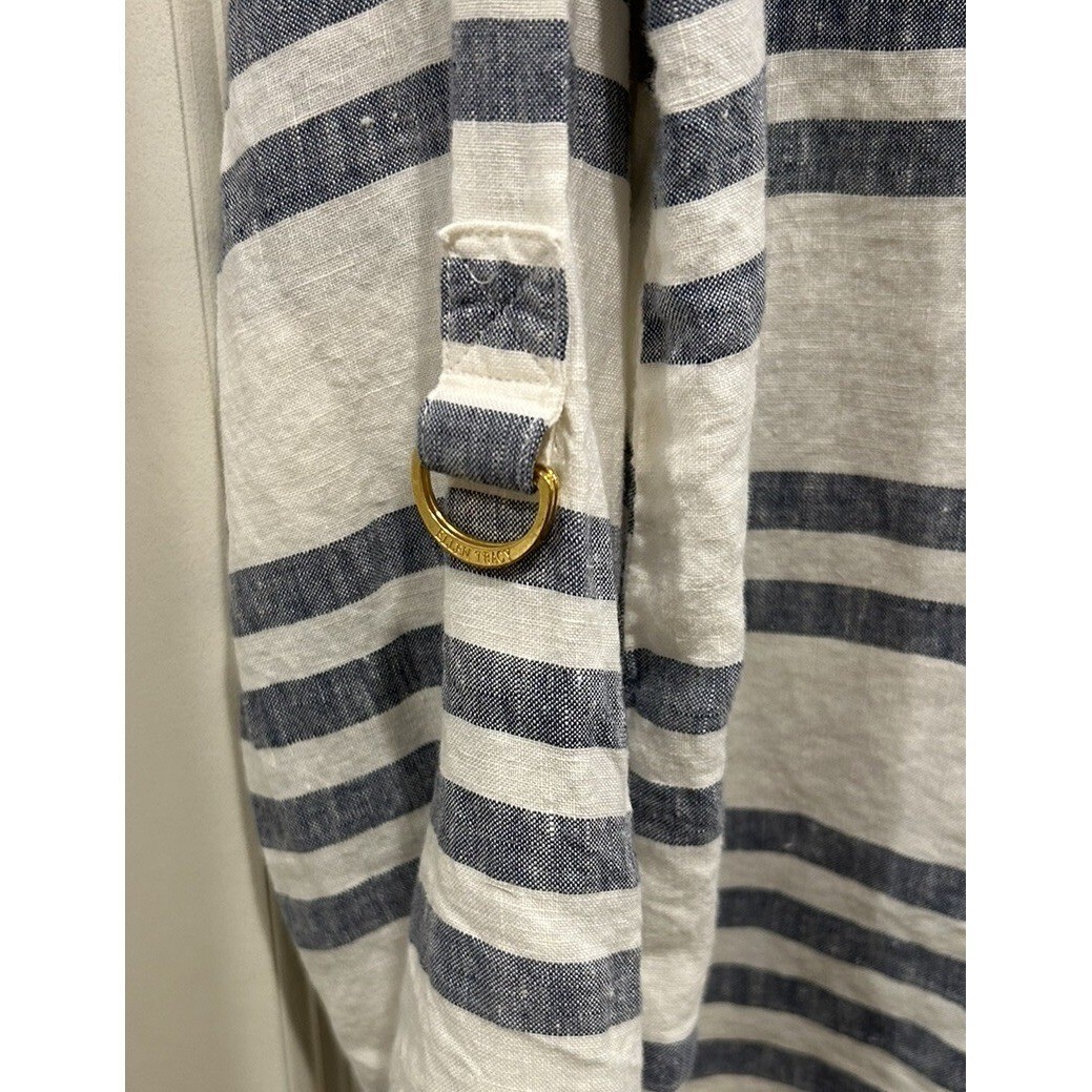 Ellen Tracy Womens Large 100% Linen Striped Roll Tab Sleeve Henley Top Coastal