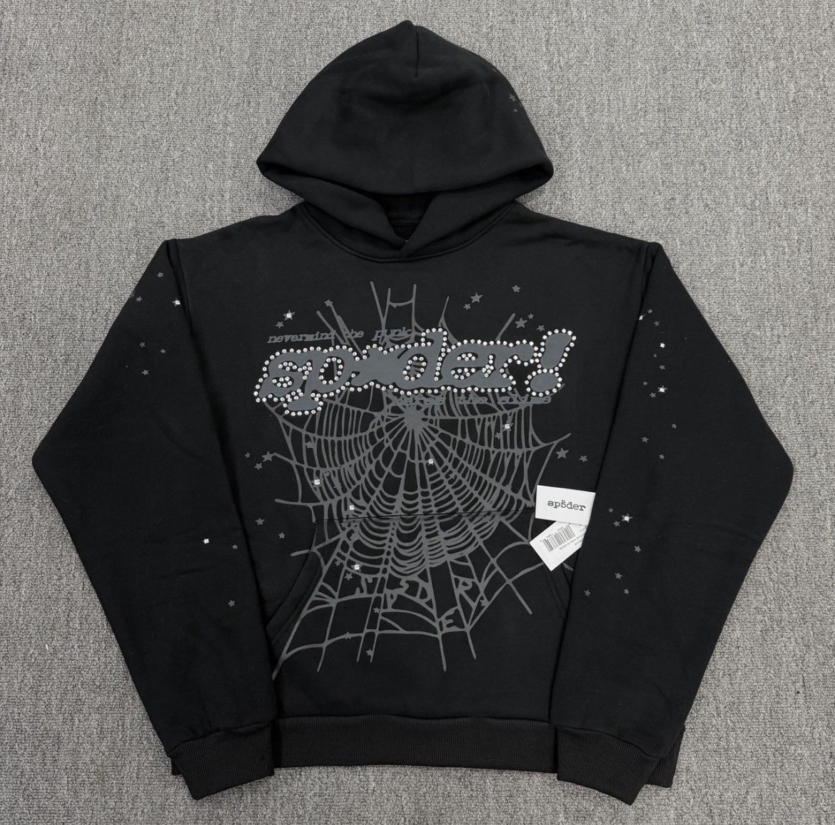 sp5der Black Pullover Hoodie Spiderweb Graphic Rhinestone Logo Men’s M