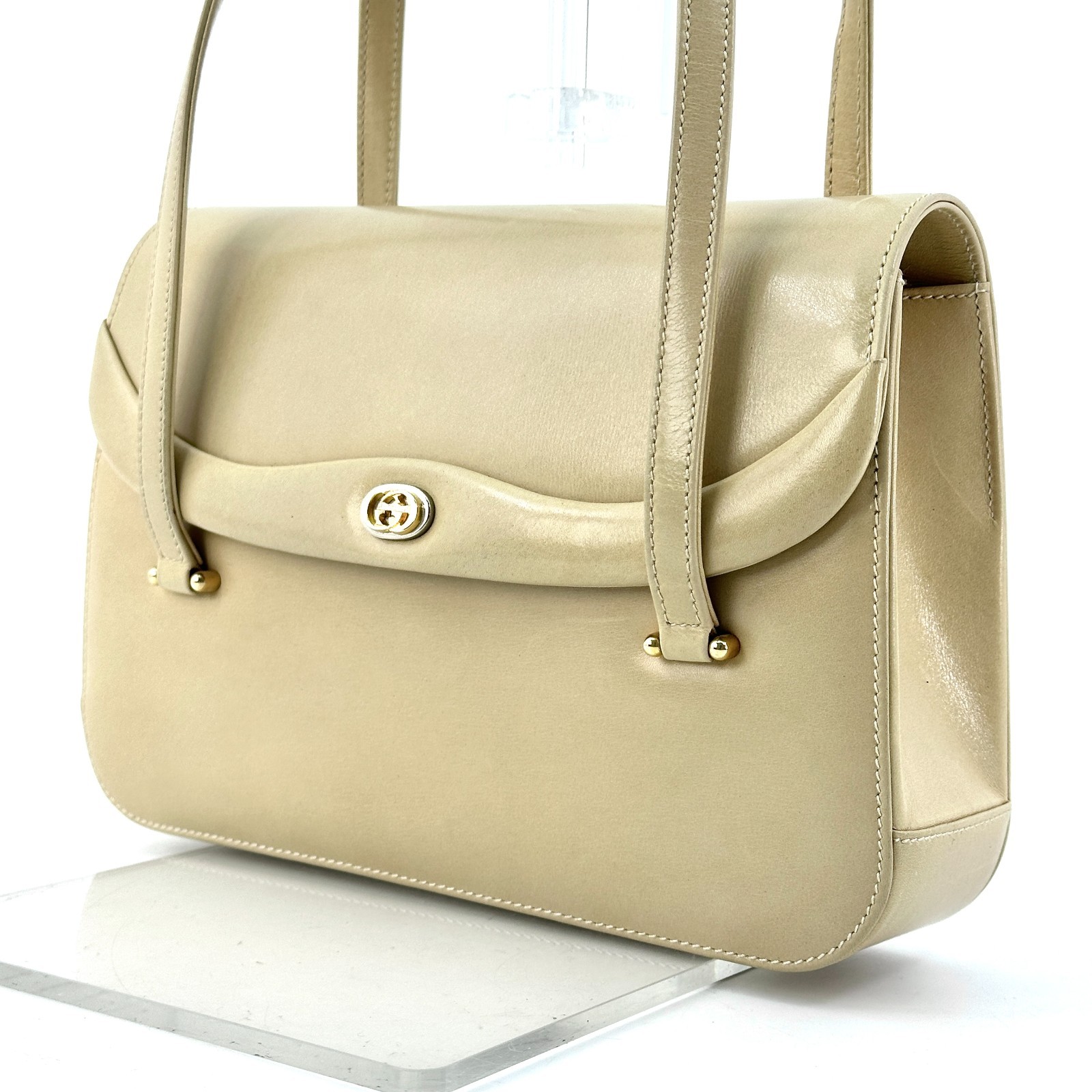 Vintage Gucci Interlocking Hand Bag Leather Beige White Auth