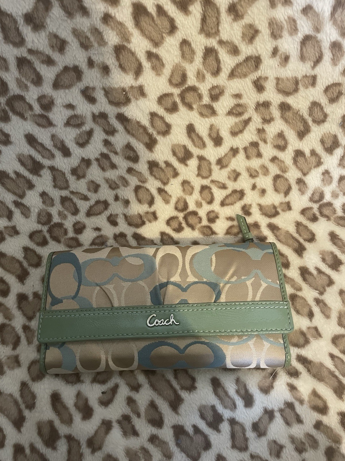AUTHENTIC COACH KHAKI AND GREEN DOTTED OP ART SIGNATURE CHECK BOOK WALLET VGC