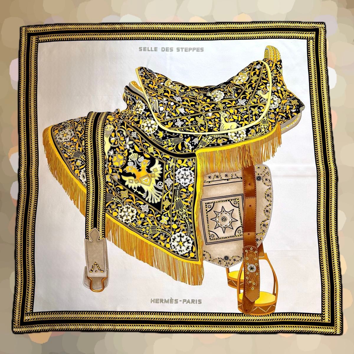 HERMES H003682S Carré90 SilkScarf Selle des Steppes White Yellow Black 90x90cm