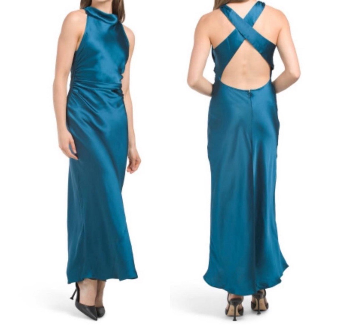 House Of Harlow 1960 NWT Blue Teal Satin Maxi Dress Size XS Criss Cross Back