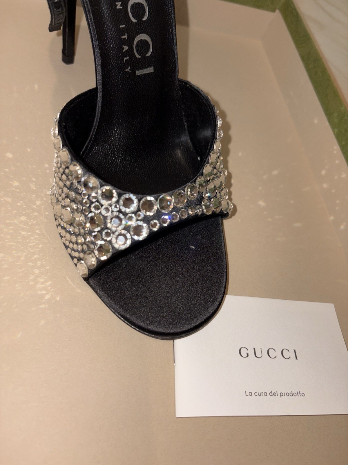 Gucci Women’s Leather Slide Sandals Rhinestone Logo Strap Black Silver US 7