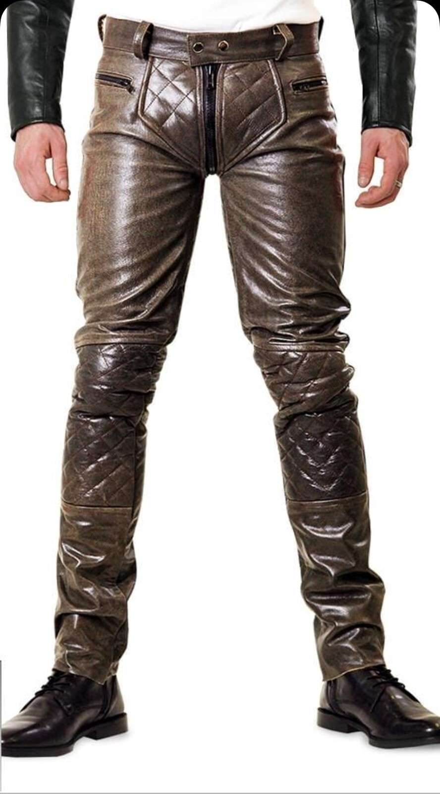 Men’s Real Distressed Leather Bikers Pants Quilted Panels Bikers / BLUF Pants