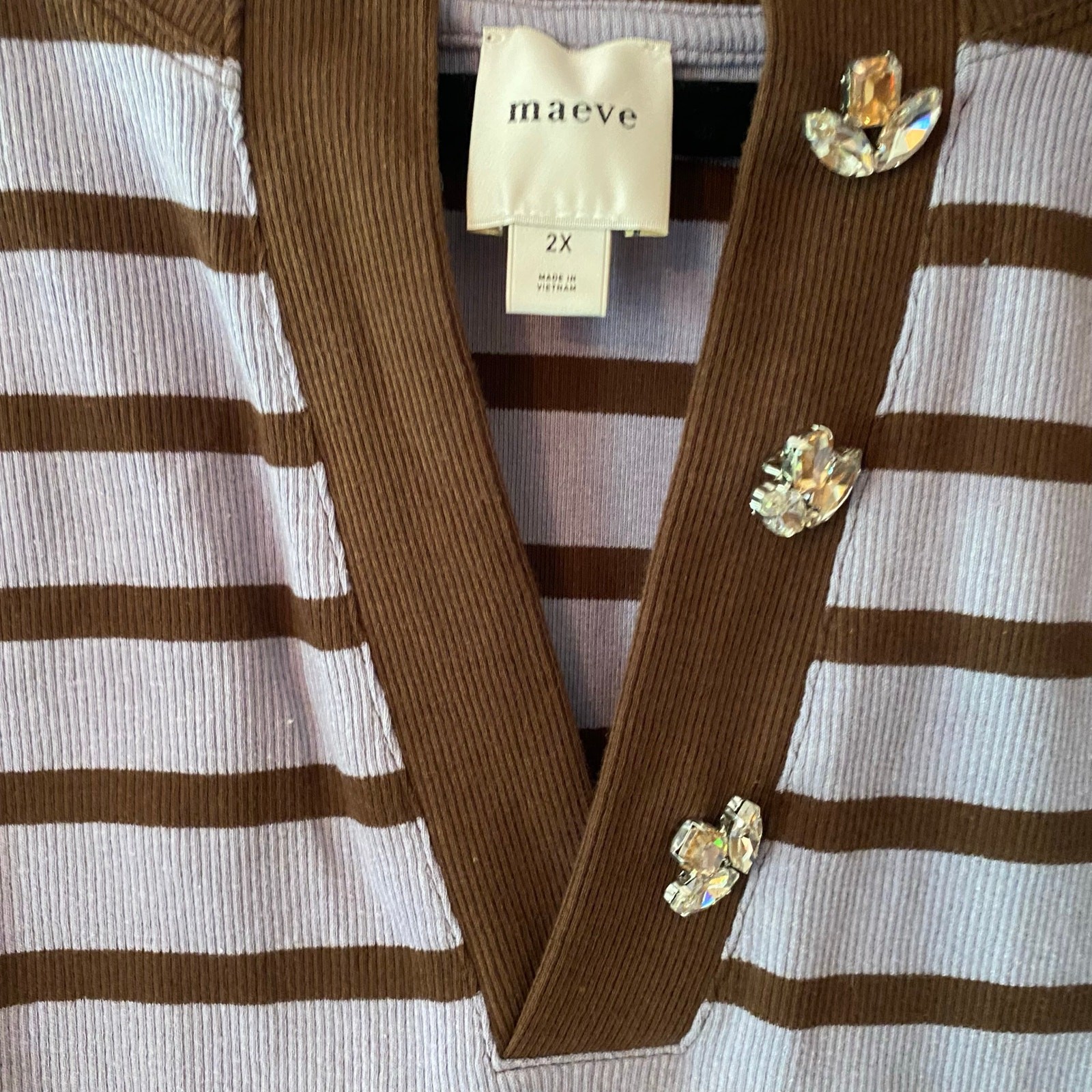 Maeve Purple Brown Stripe Ribbed Short Sleeve Henley Shirt Preppy Sparkle 2X