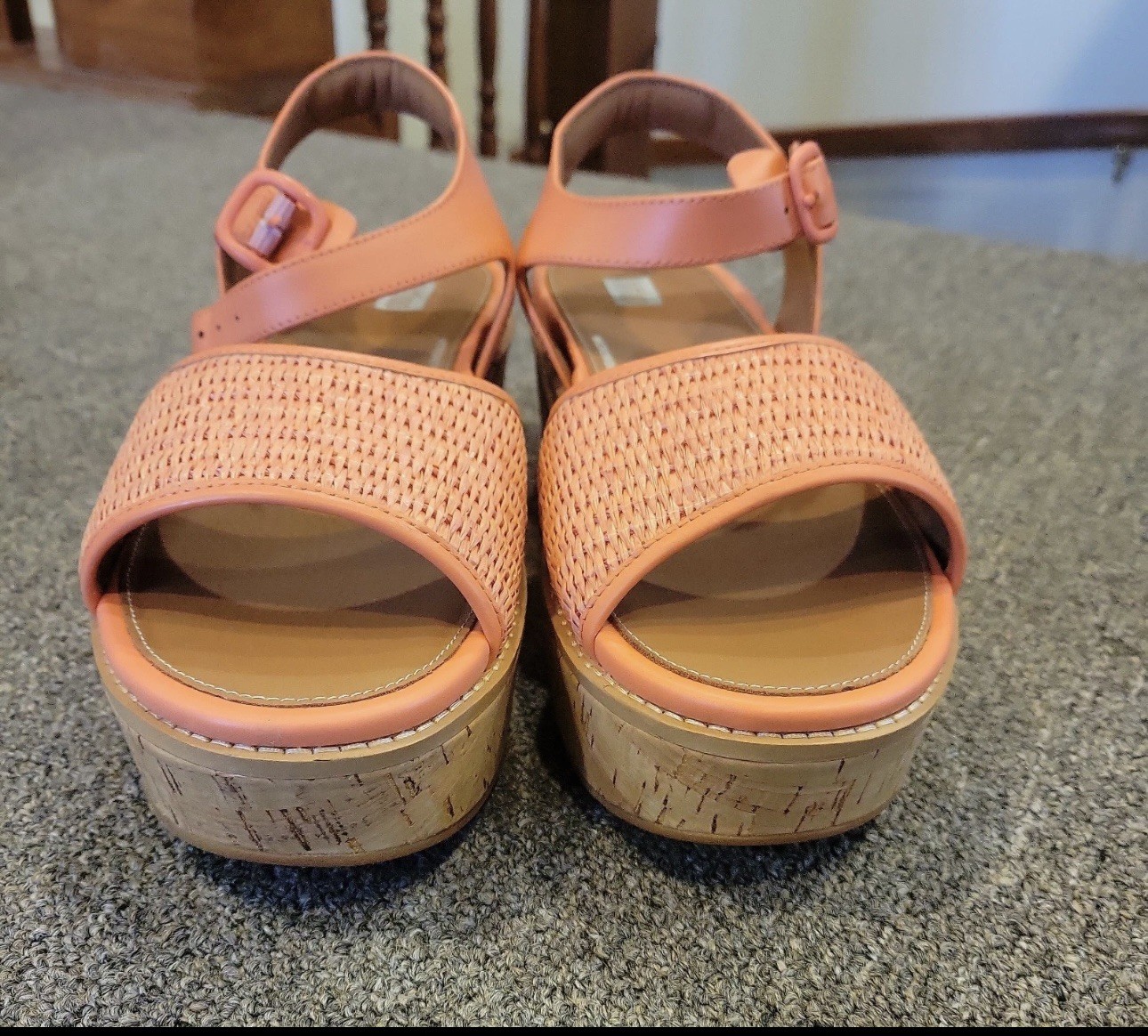 FITFLOP NIB ELOISE LEATHER & RAFFIA WOVEN BACK STRAP WEDGE SANDALS CORAL 8