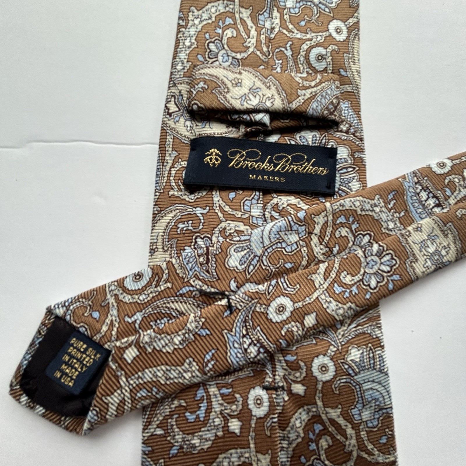 Brooks Brothers Makers Tie Brown Blue Tan Paisley Italian Silk 3.75” X 60” EUC