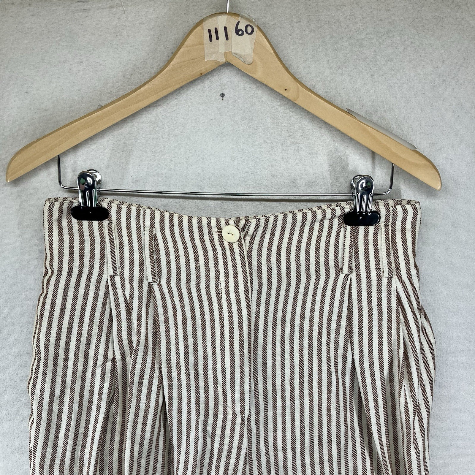 Vintage Women’s Linen Blend Paper Bag Waist Pleated Pants Beige Brown Striped 12