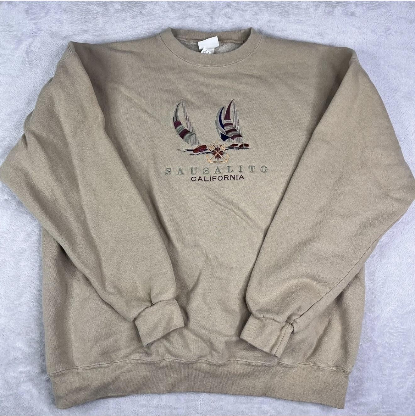 Oarsman 913 Sweatshirt Mens XL Beige Sausalito California Embroidered Sailboats