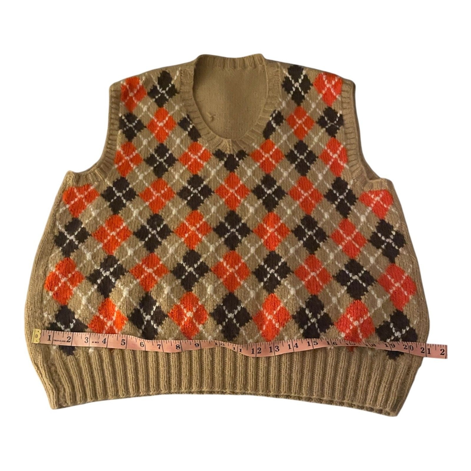 Vintage Handmade Wool Blend Argyle Grandpa Sweater Vest Tan Orange Black L