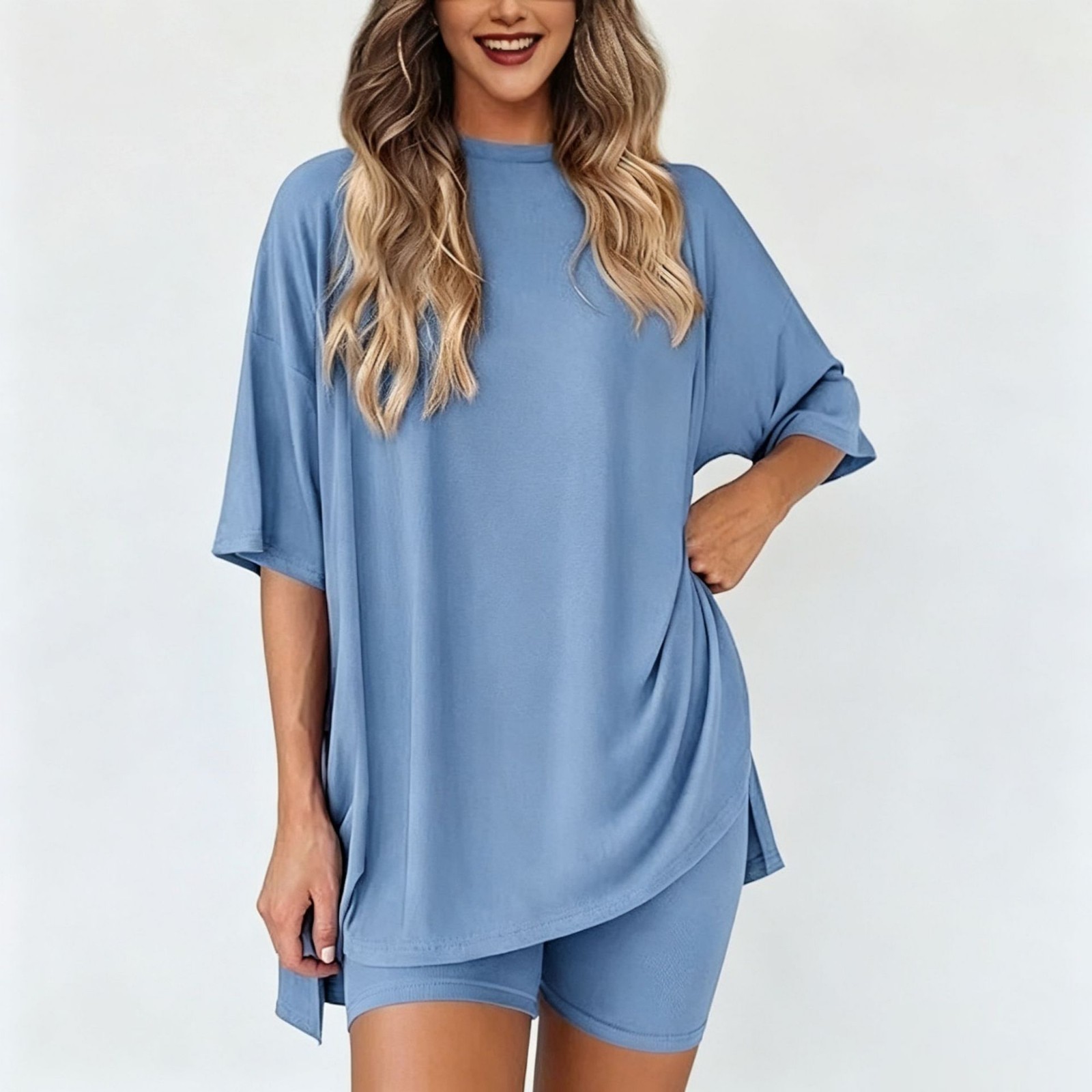 WOMEN Casual Lounge Set Solid Color T-Shirt and Shorts 2 Piece Tracksuit S-3XL