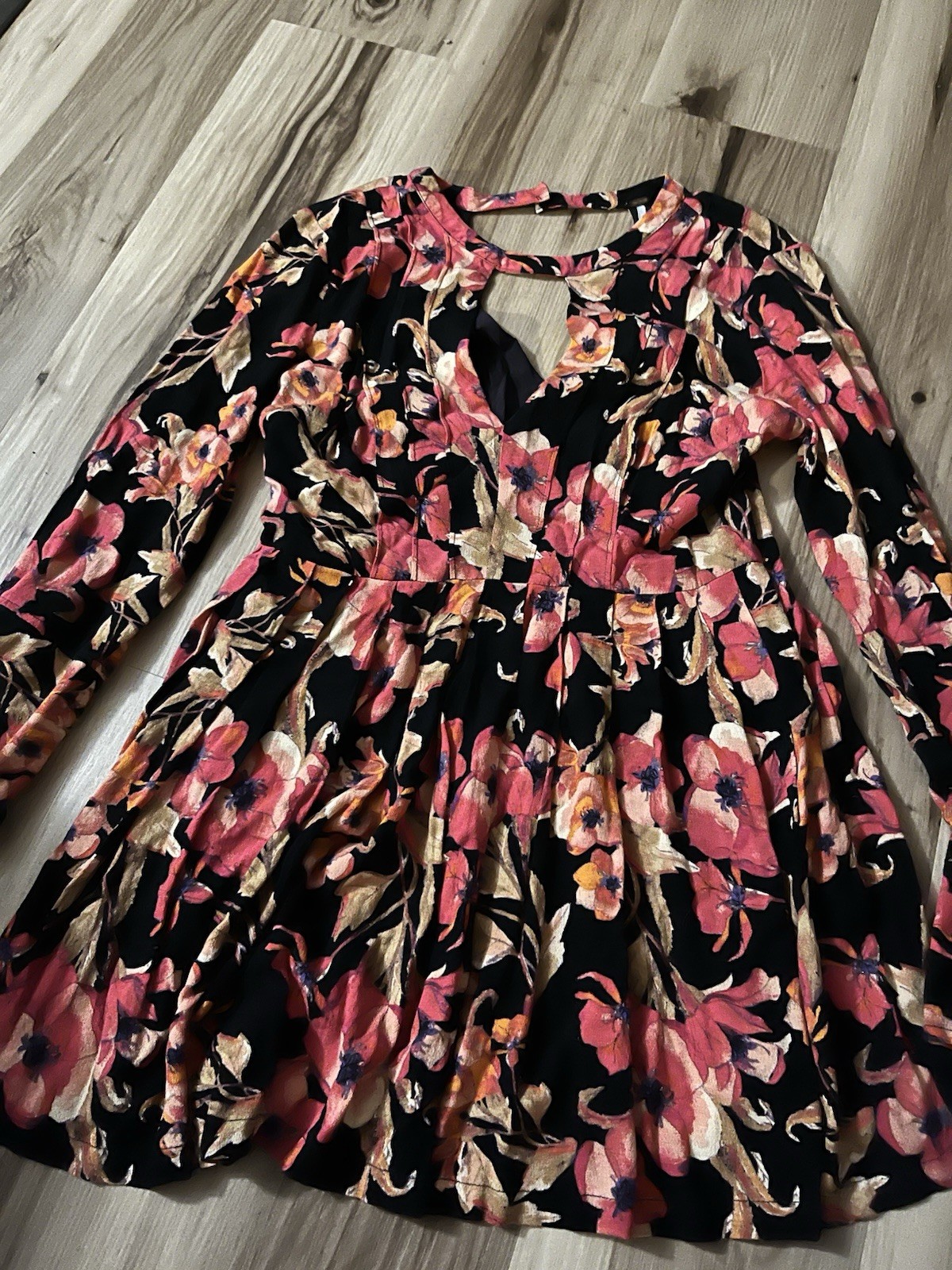 Free People Tegan Black Orange Floral Bell Long Sleeve Fit Flare Mini Dress Sz 8