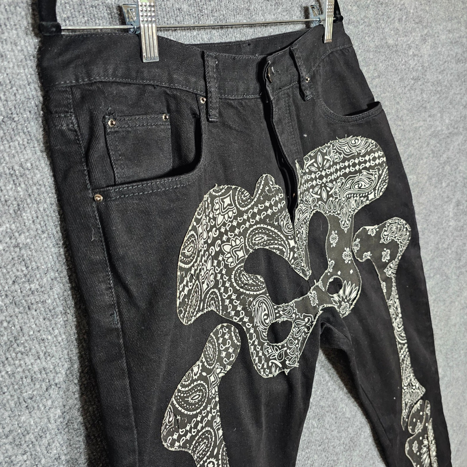 MNML Skeleton Paisley Applique Jeans Mens 34 Black Streetwear Button Fly Pants