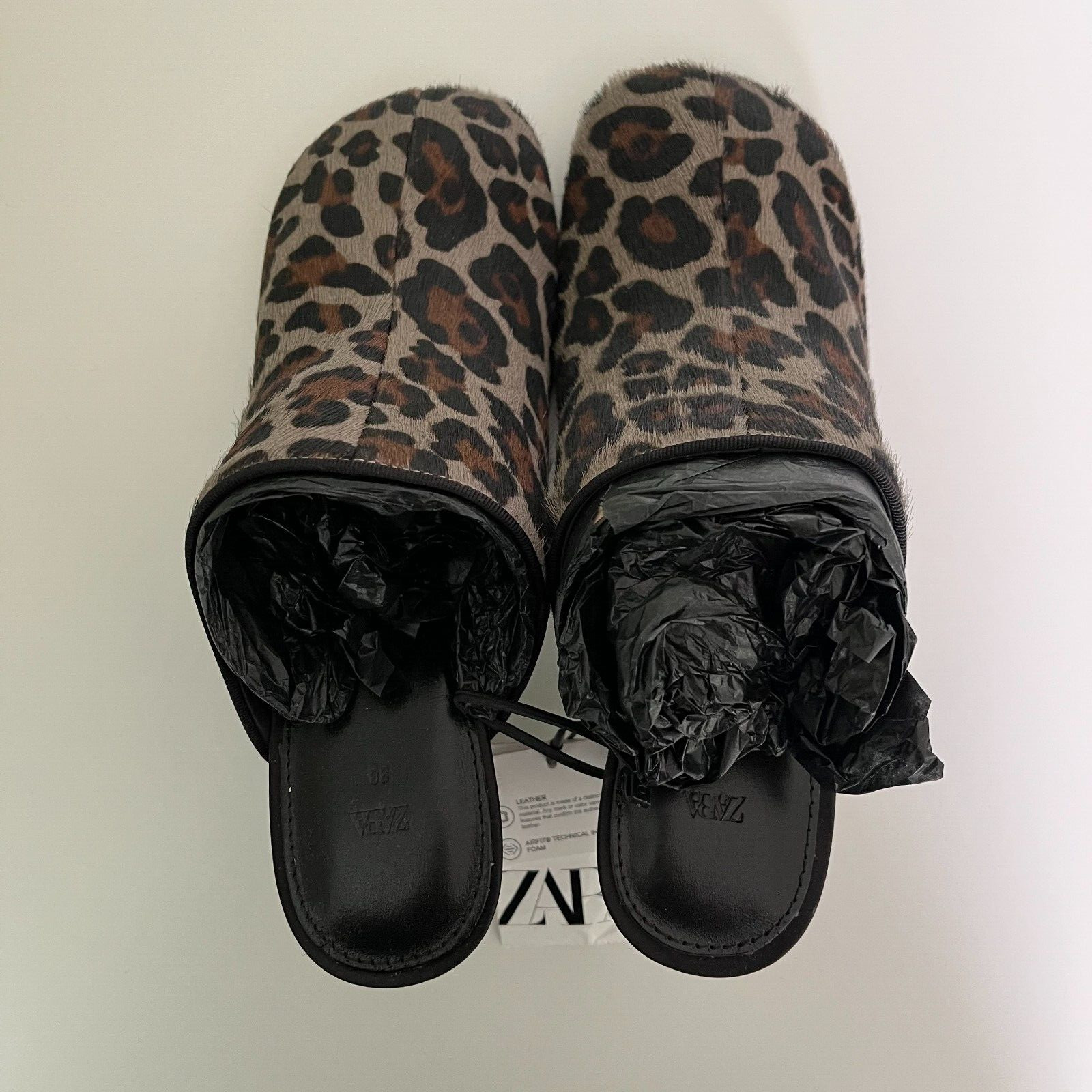 Zara Animal Print 100% Leather Mules Leopard Print Square Toe 2.8in Heel Sz 7.5