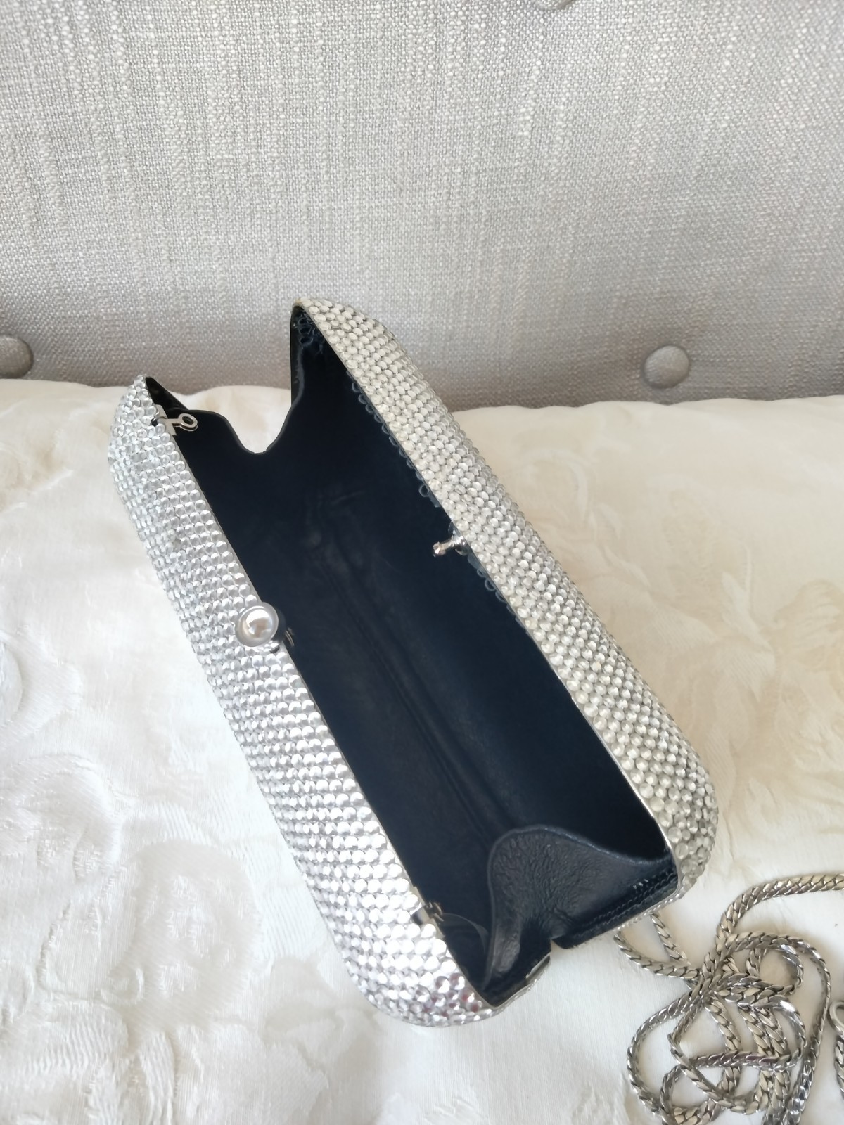 Silver Austrian Crystal Evening Clutch, Detachable Chain Strap, Snap Closure