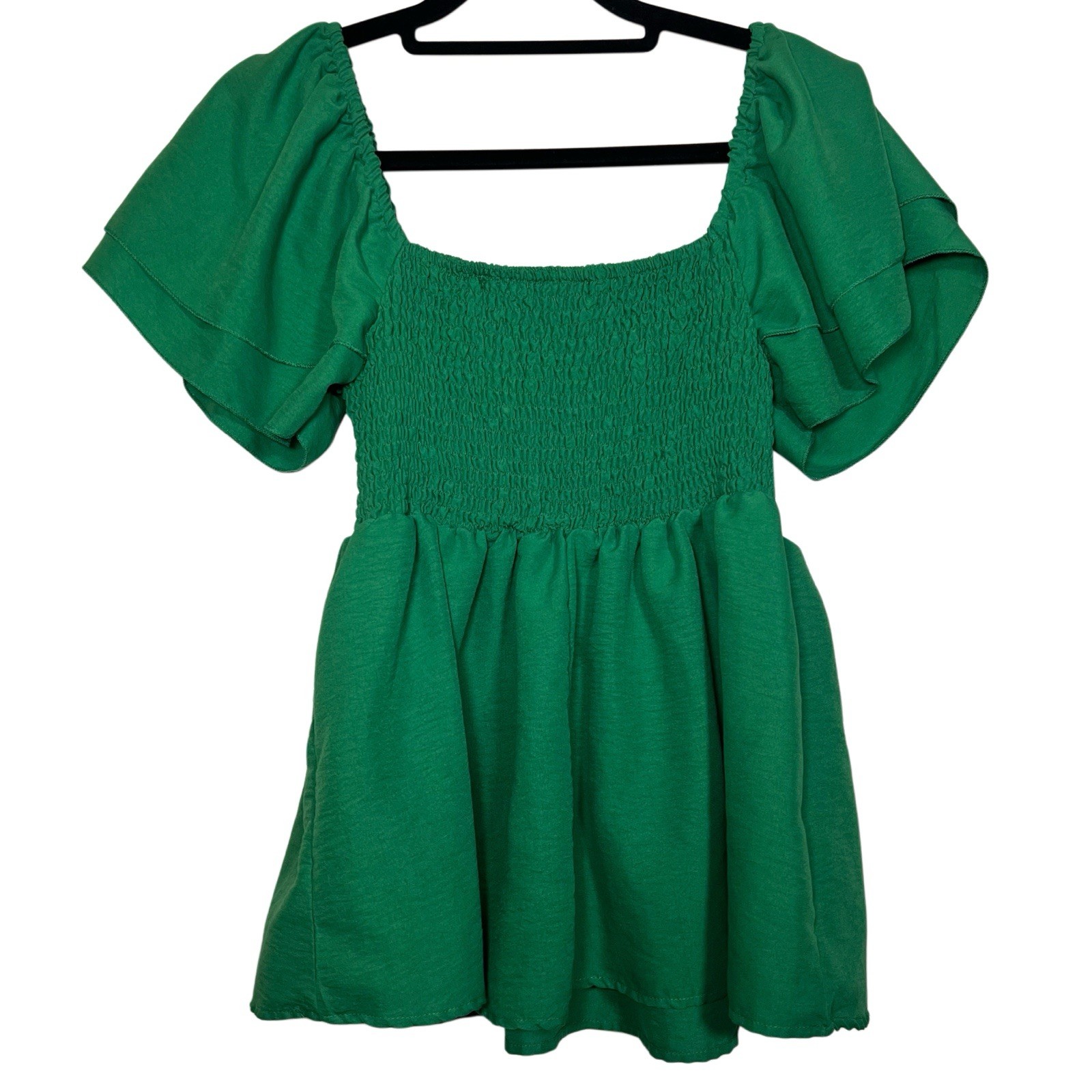 HEYTALALA Green Smocked, On/Off Shoulder, Flutter Sleeve Peplum Blouse