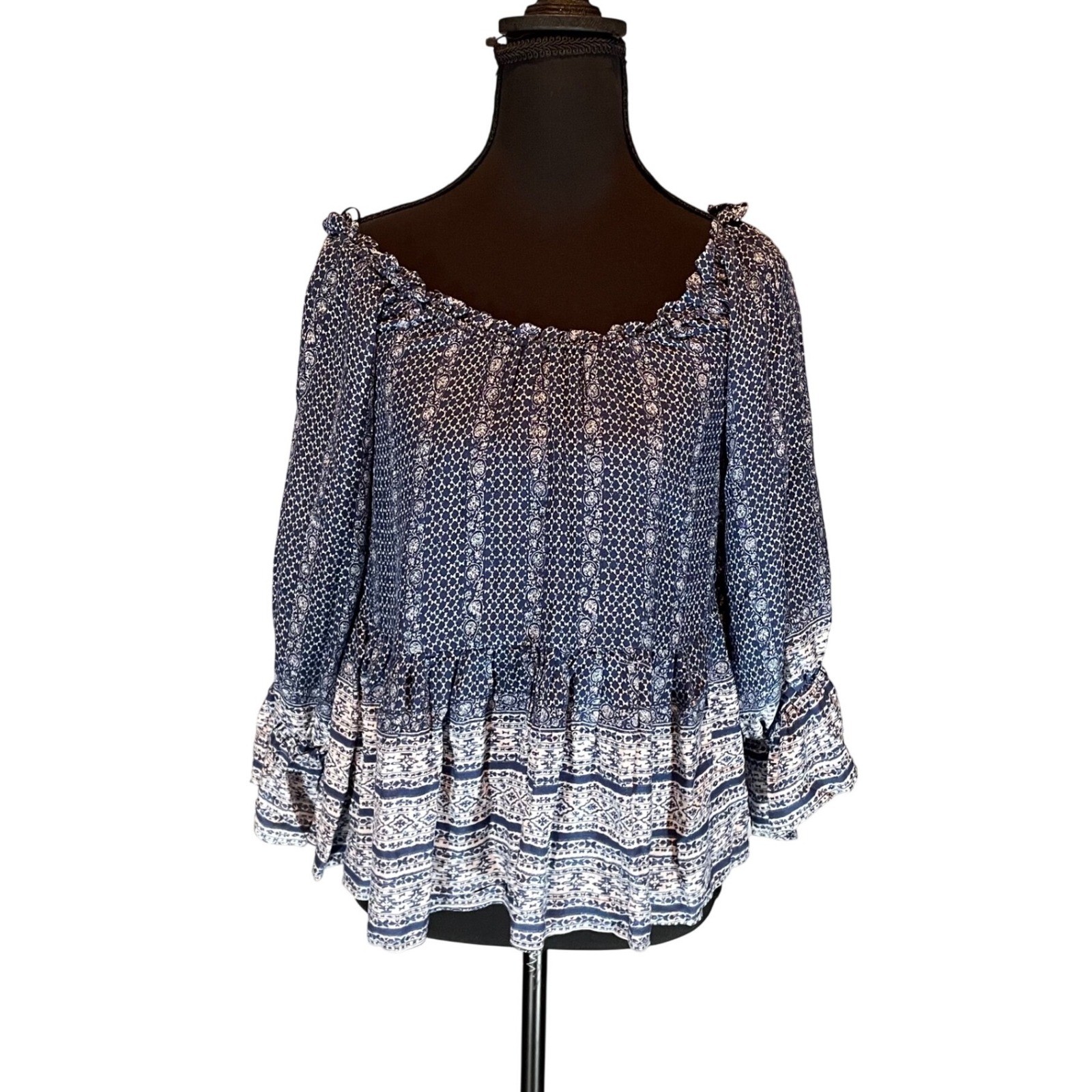 Dear John Blue White Medallion Print Boho Ruffle Peplum Blouse Top XS Peasant