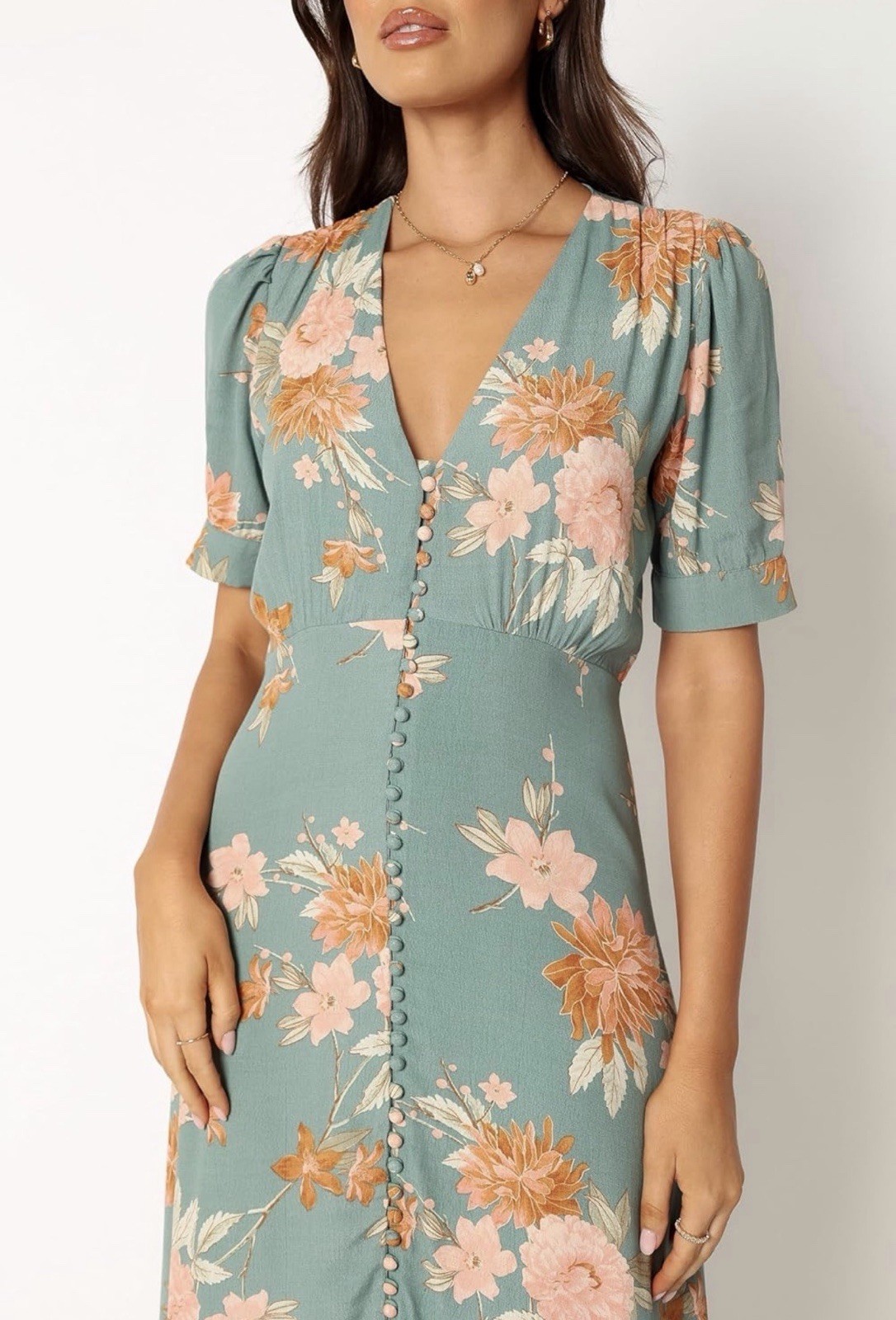 Petal & Pup Frampton Midi Dress M Blue Floral V-Neck Short Sleeve Button Front