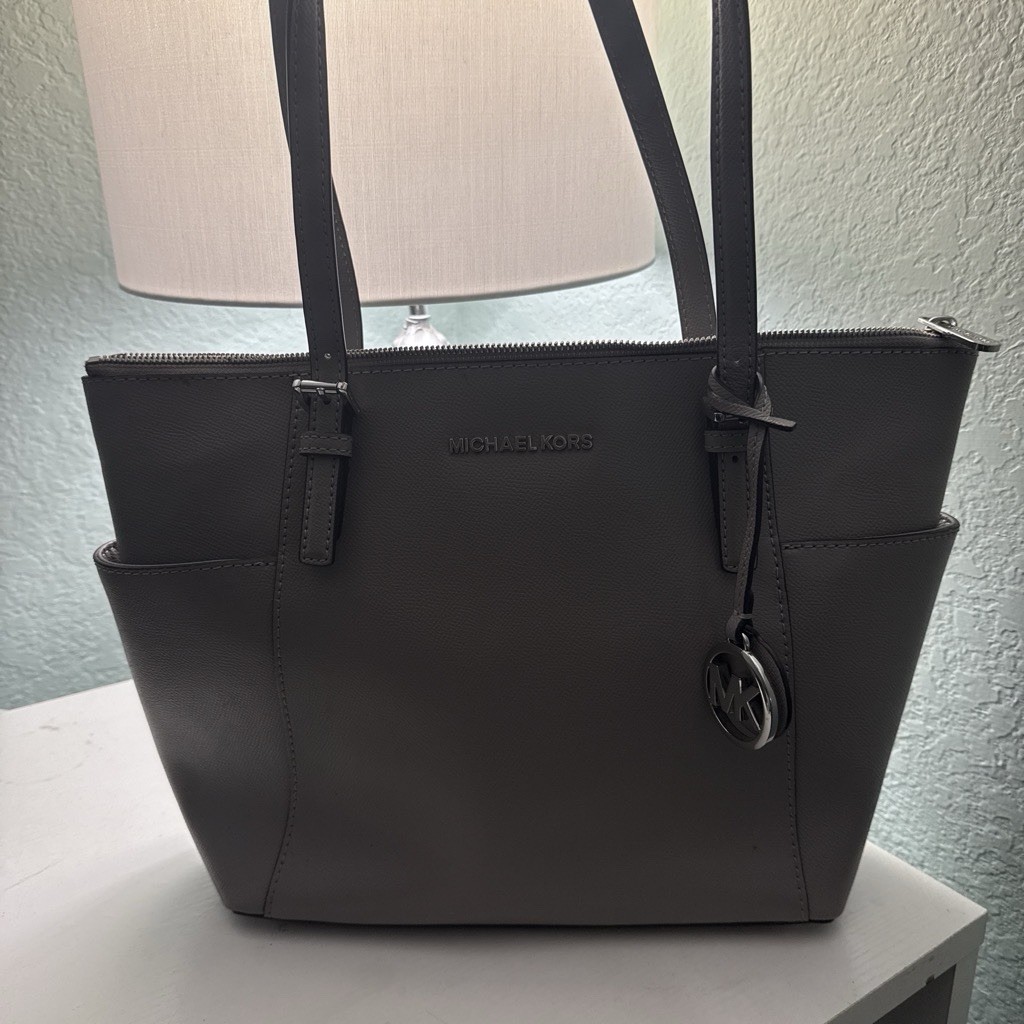 Michael Kors Gray Medium Tote Zip-Top, Inner Pockets, Logo, MK Charm, Silver