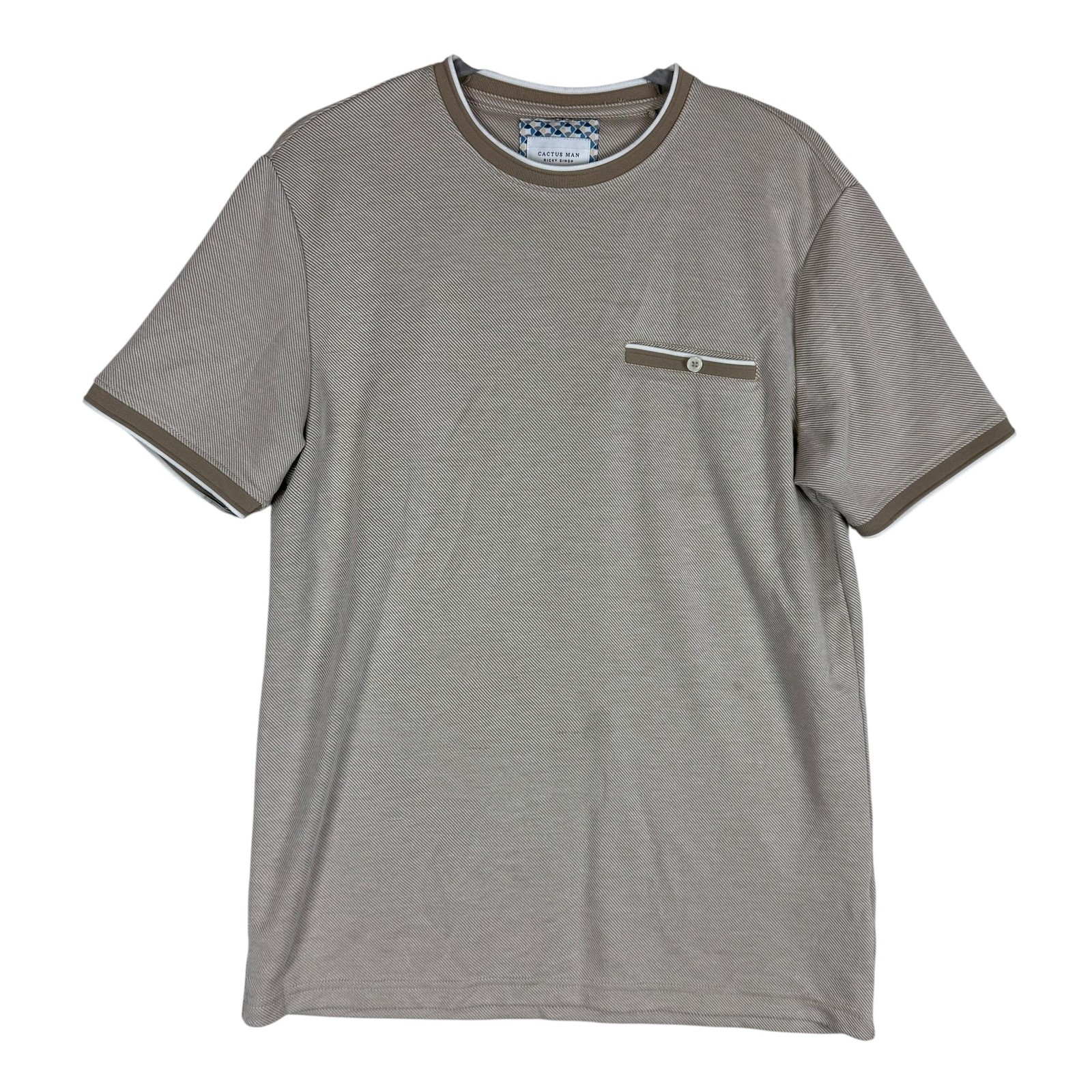 Cactus Man Shirt Mens Medium Beige Stripe Ringer Crewneck Pocket Jersey Tee