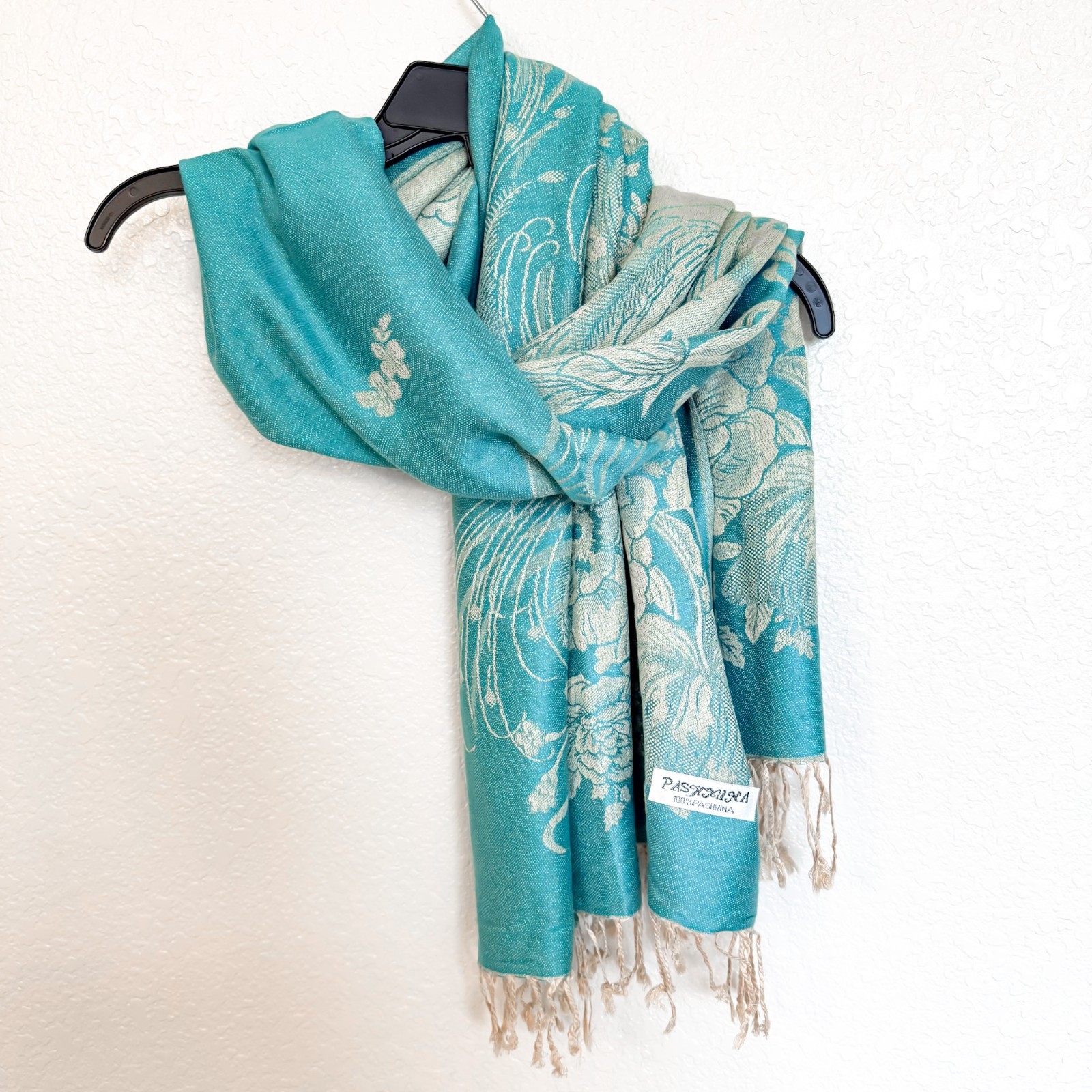 100% Pure Pashmina Wool Scarf Wrap Turquoise Blue Beige Floral Oversized Shawl
