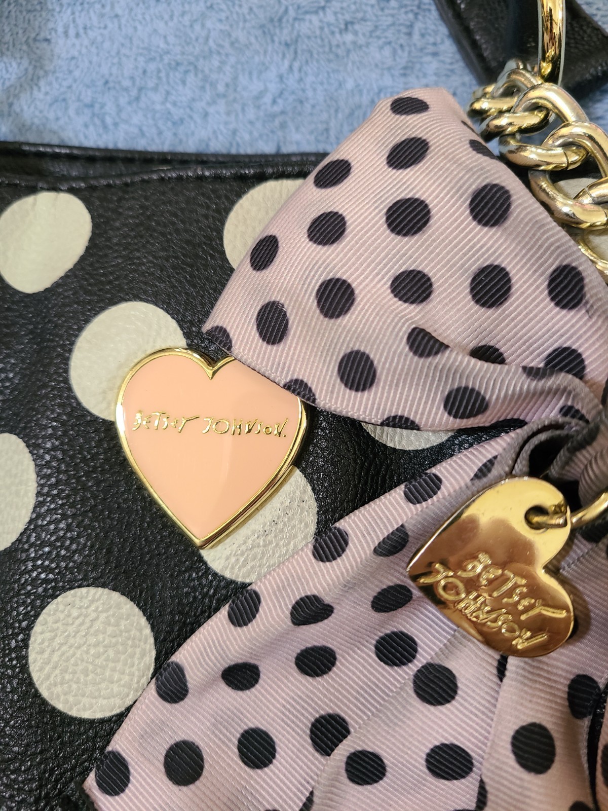 Betsey Johnson Large Black & Ivory Polka Dot Bow Quilted Chain Strap Purse Bag