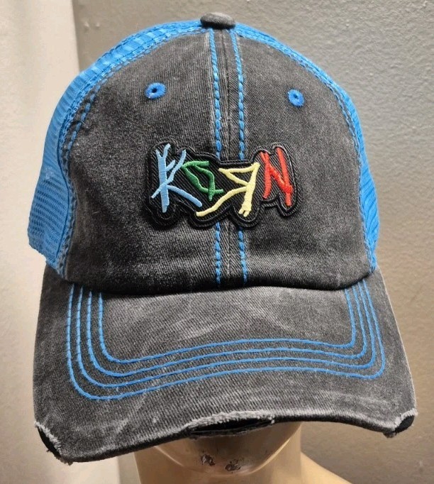 Korn Hat Distressed Ball Cap Hat Black & Neon Blue Mesh Hat