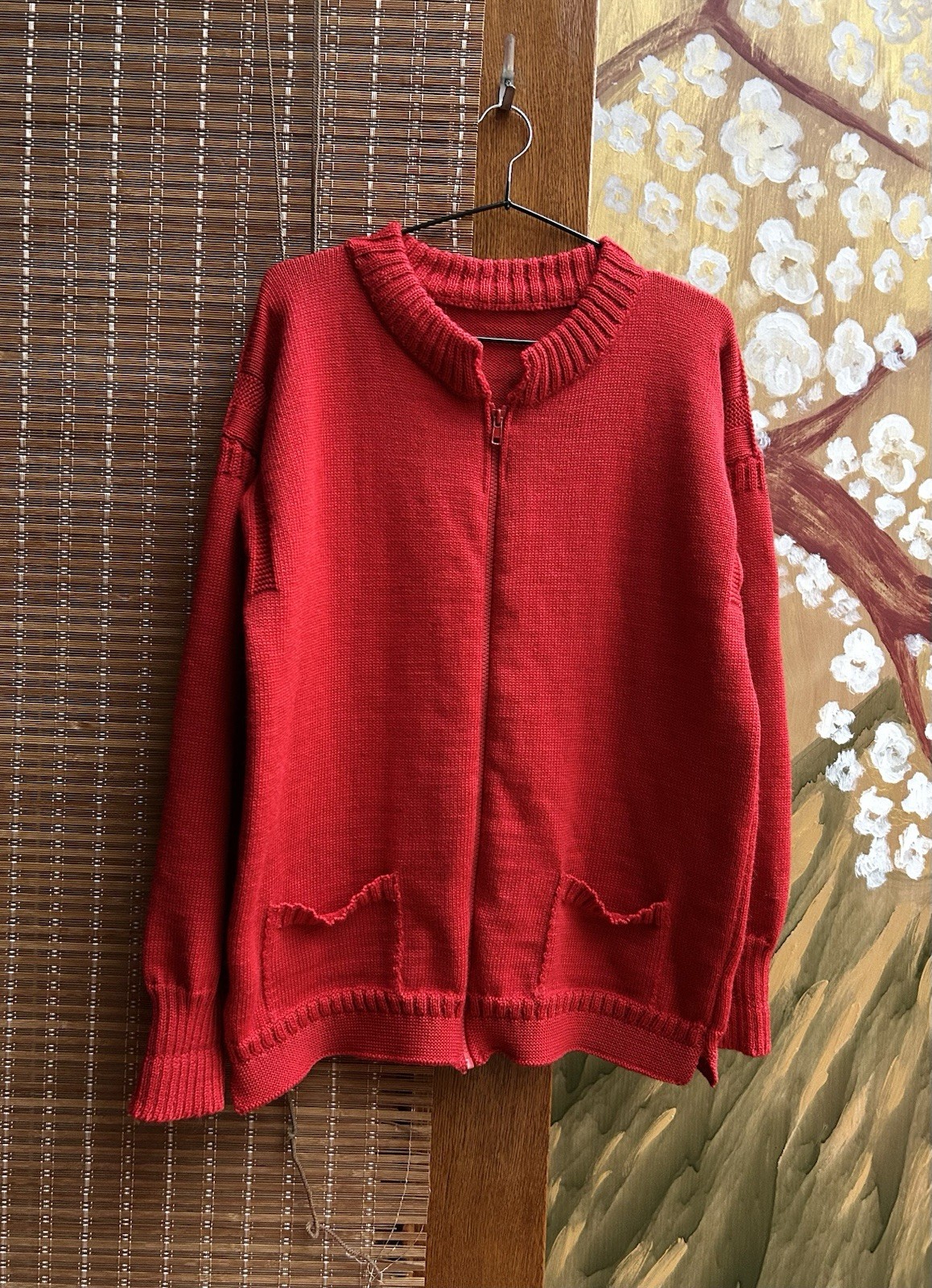 Vintage Traditional Guernsey Wool Tartan Red Zipped Fisherman Jumper Jacket 42