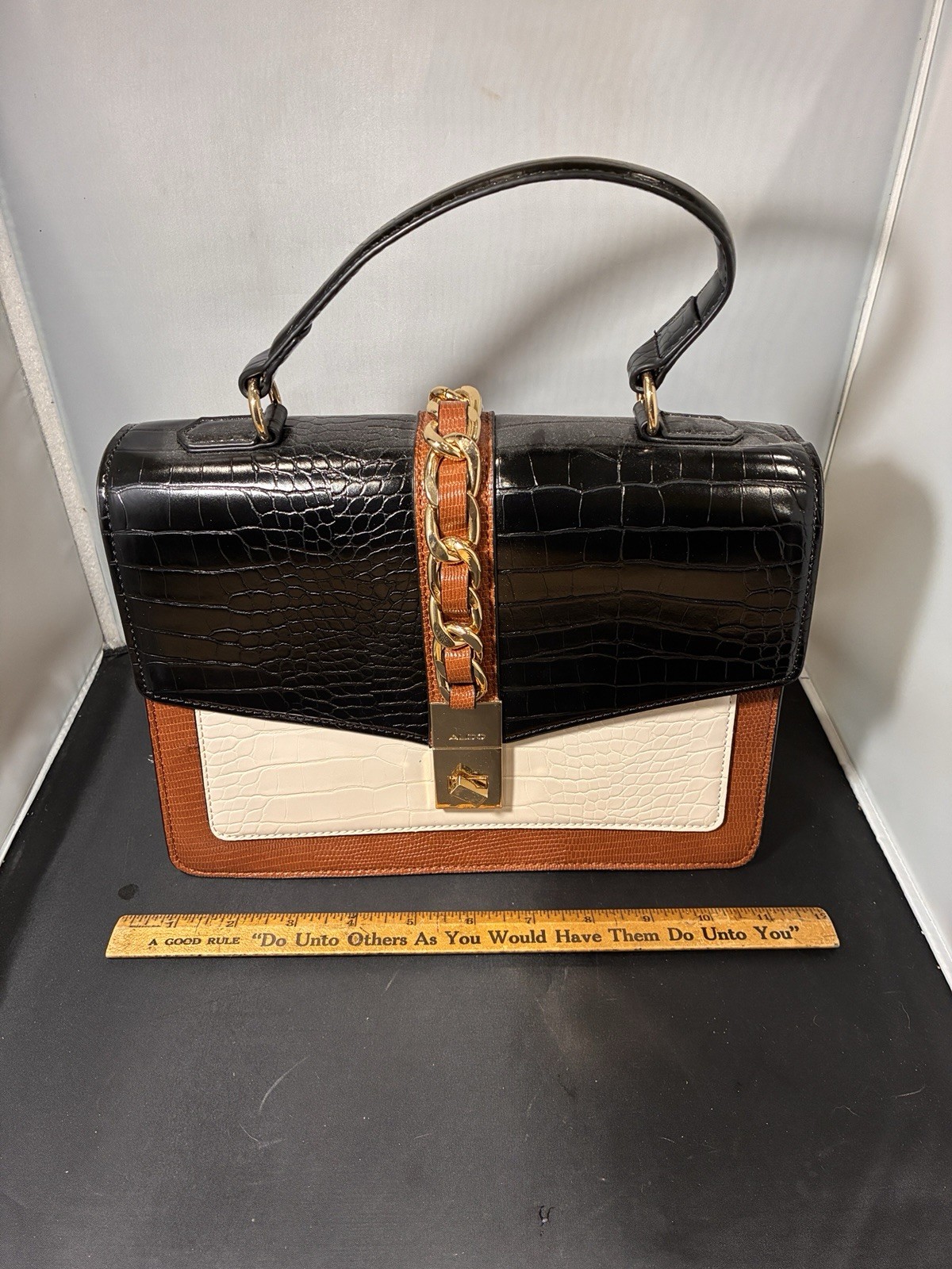 ALDO Top Handle Faux Croc Skin Flap Purse, Gold Chain Detail + Lock
