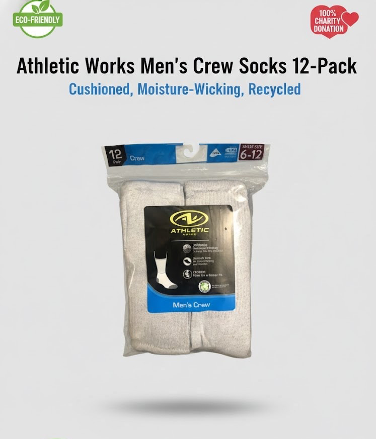 Athletic Works Men’s Crew Socks 12-Pack | Cushioned, Recycled, Moisture-Wick