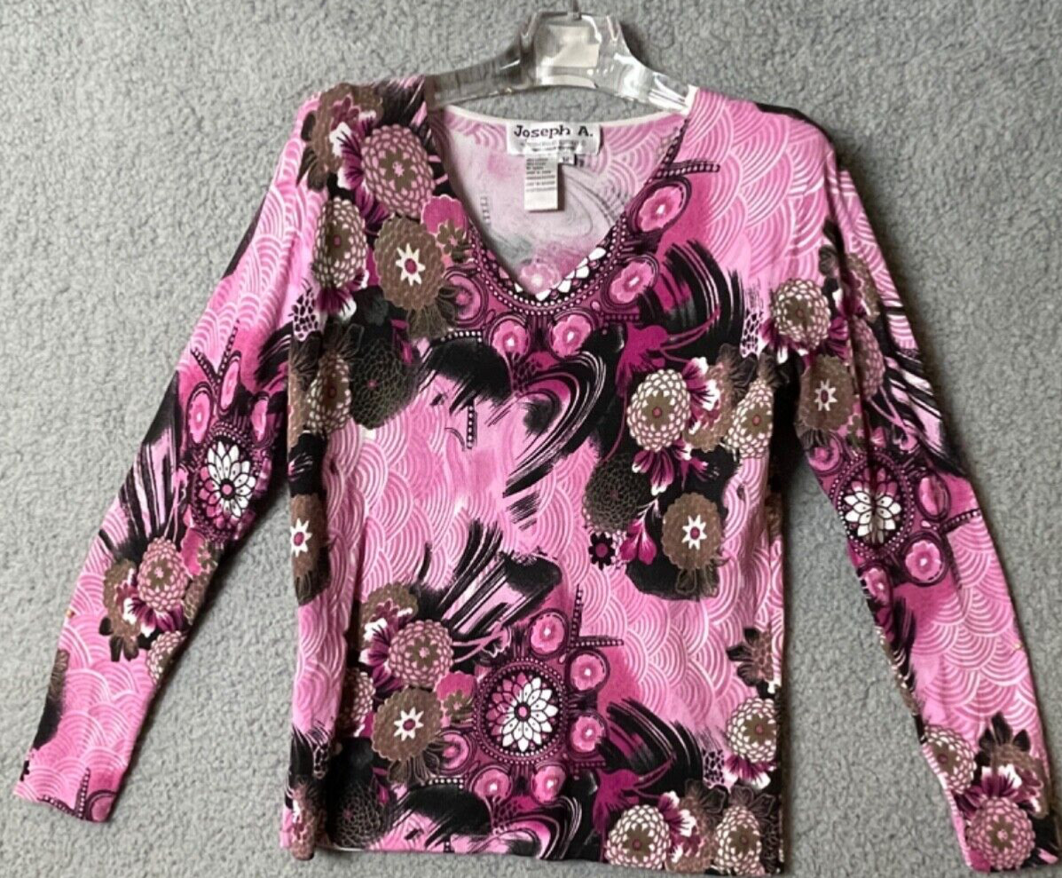 Joseph A Top Womens Pullover M Pink Abstract Floral VNeck Long Sleeve