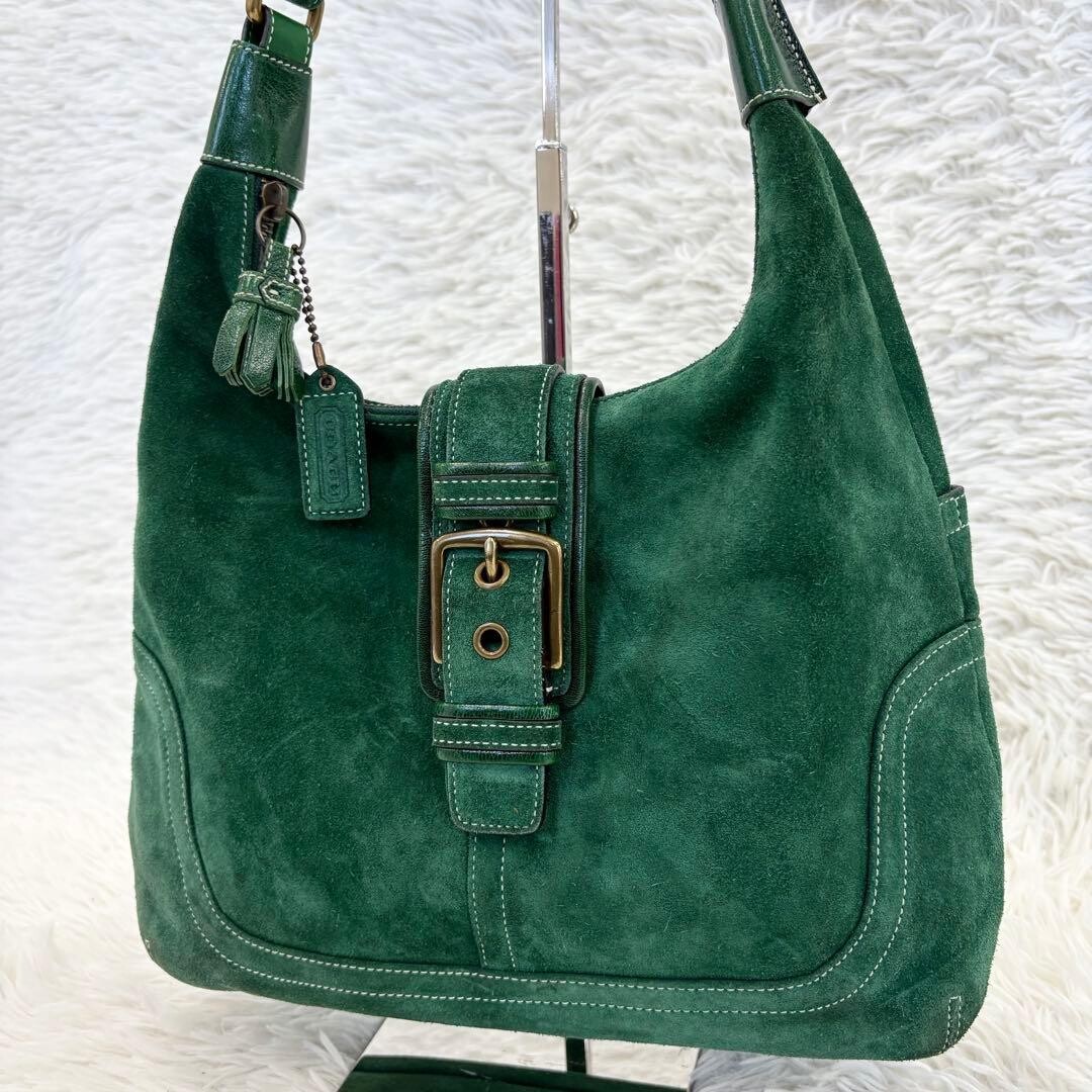 COACH Vintage Suede Hobo Shoulder Bag Green Gold Tassel Women 12.6in Lush Style