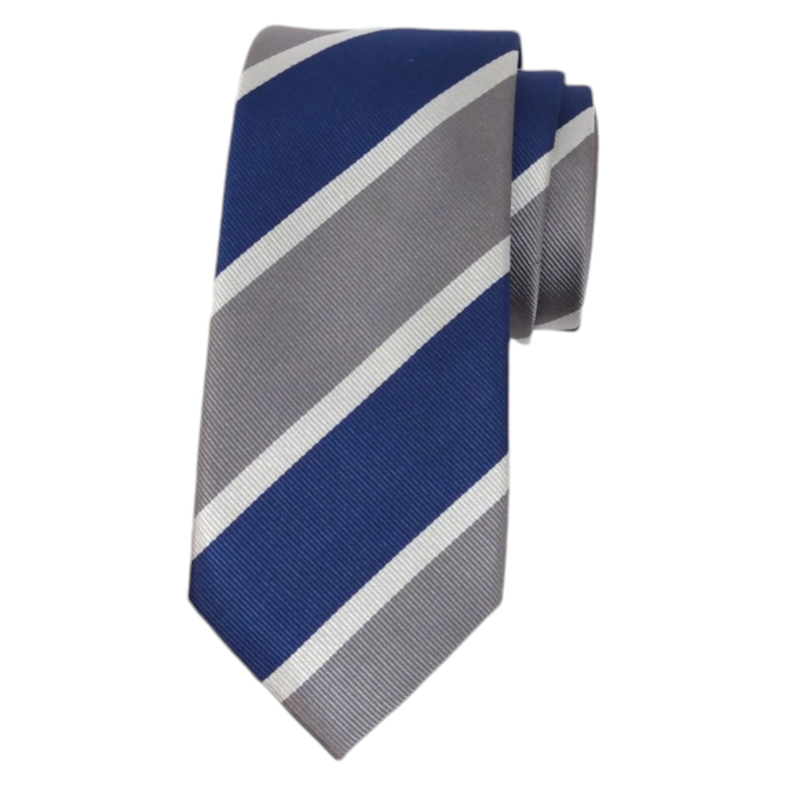 SPREZZA Mens Silk Tie Blue Gray White Bar Stripe 2.75 Designer Dress Necktie