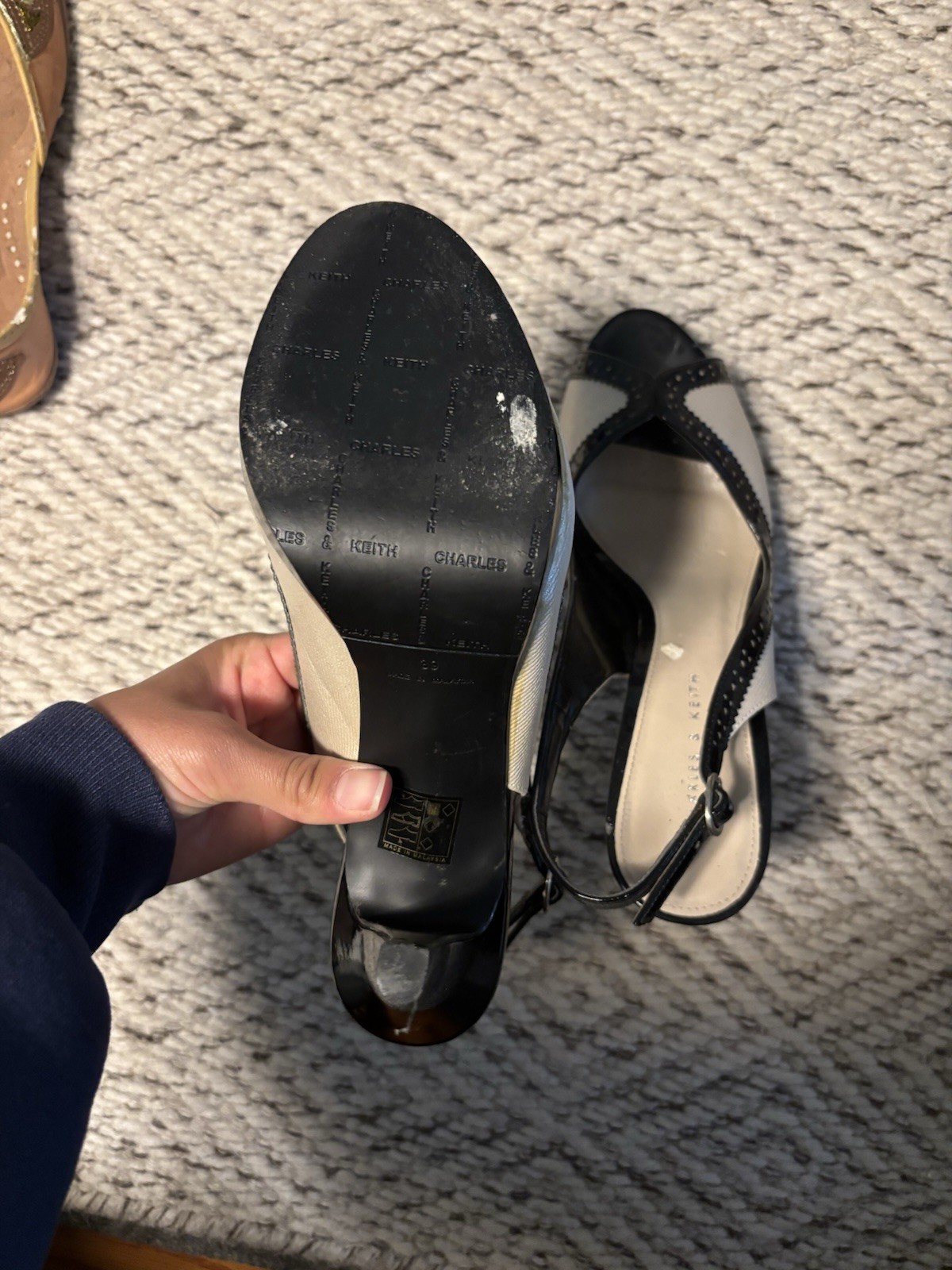 Charles & Keith Black/White Colorblock Peep Toe Slingback Ankle Strap 39