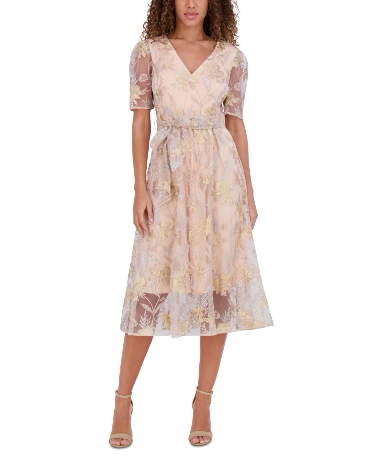 Kensie Women’s Embroidered Mesh Tie-Waist Midi Dress-Champagne, Size-10