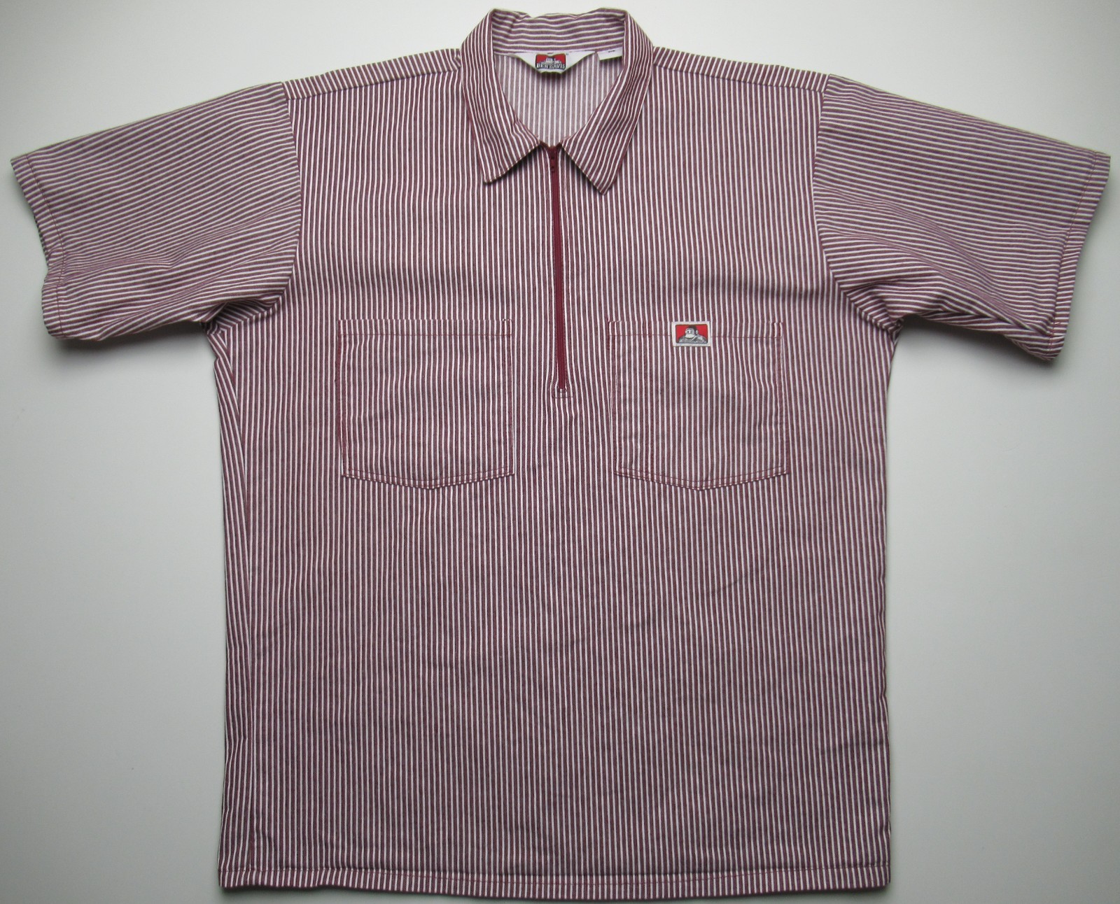 Ben Davis Half Zip Work Shirt Burgundy White Hickory Stripe Mens M / FREE SHIP