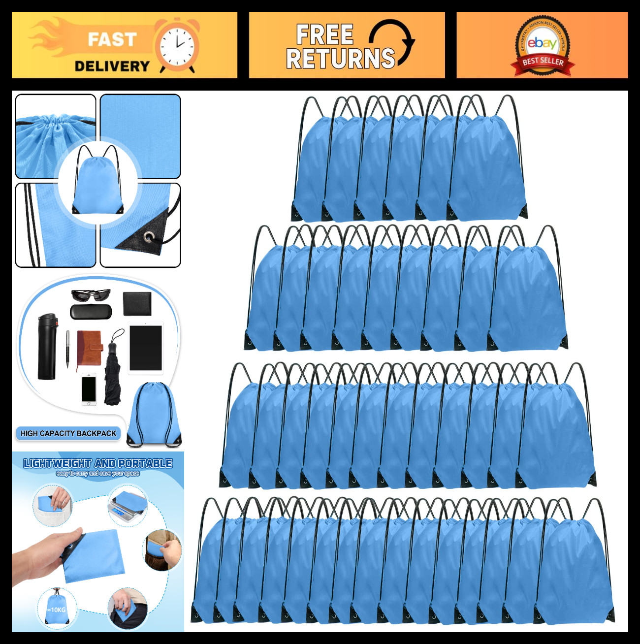 42 Pcs Drawstring Backpack Bulk – Cinch Bags for Gym, Travel, Sports – Sky Blue